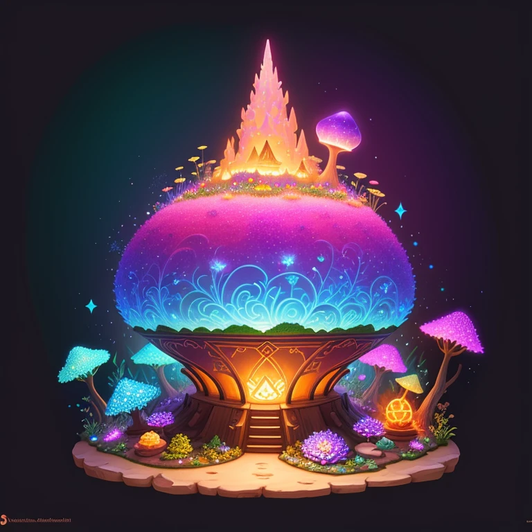 Anthill made of sand, on top of anthill is a pot made of glowing crystals, fungus and flowers, cute detailed digital art, glowing flowers, magical garden plant creatures, graphic of enchanted terrarium, colorful alien flora, adorable digital painting, glowing plants, magical flowers, colorful concept art, fantasy game art style, magical cauldron, glowing rich colors, magic world. colorful, stylized concept art, colorful glow