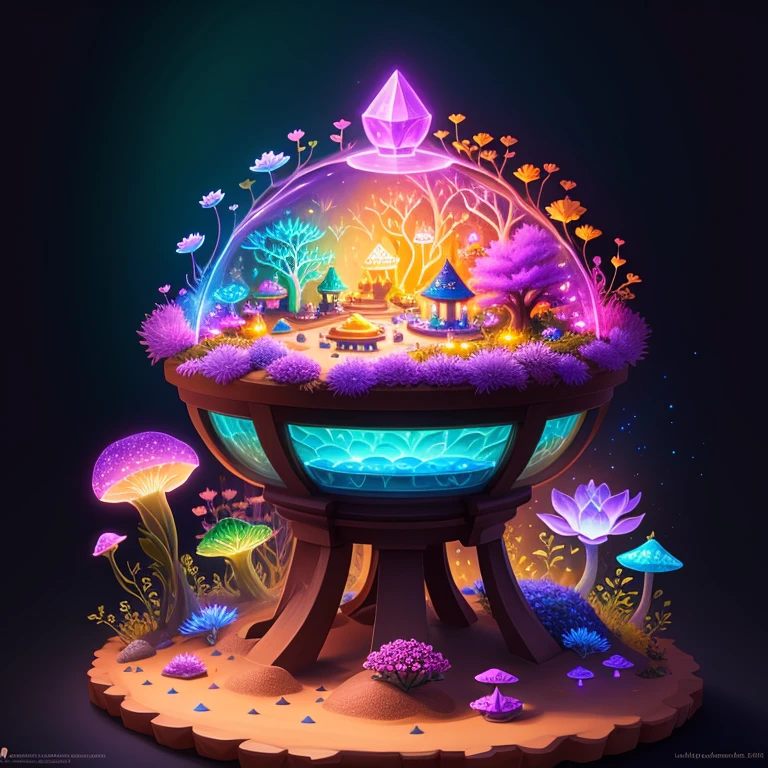 Anthill made of sand, on top of anthill is a pot made of glowing crystals, fungus and flowers, cute detailed digital art, glowing flowers, magical garden plant creatures, graphic of enchanted terrarium, colorful alien flora, adorable digital painting, glowing plants, magical flowers, colorful concept art, fantasy game art style, magical cauldron, glowing rich colors, magic world. colorful, stylized concept art, colorful glow
