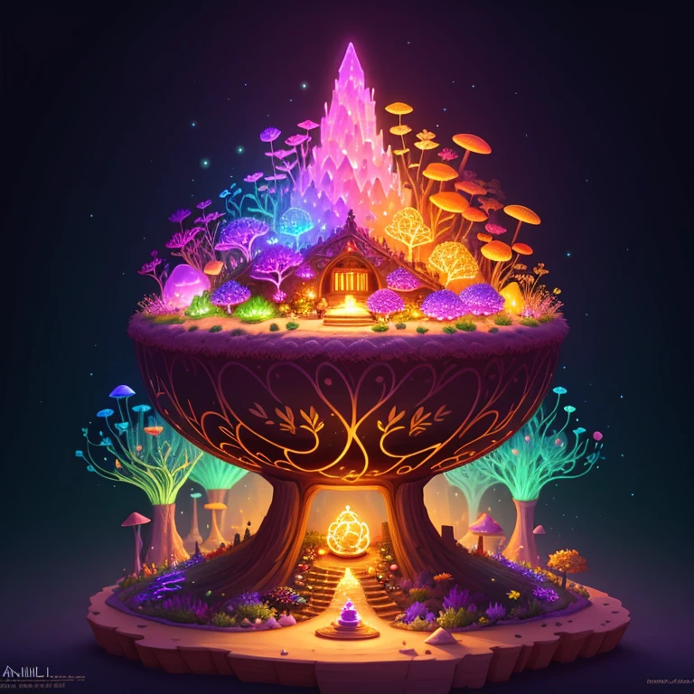 Anthill made of sand, on top of anthill is a pot made of glowing crystals, fungus and flowers, cute detailed digital art, glowing flowers, magical garden plant creatures, graphic of enchanted terrarium, colorful alien flora, adorable digital painting, glowing plants, magical flowers, colorful concept art, fantasy game art style, magical cauldron, glowing rich colors, magic world. colorful, stylized concept art, colorful glow