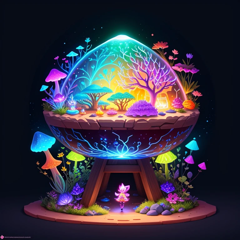 Anthill made of sand, on top of anthill is a pot made of glowing crystals, fungus and flowers, cute detailed digital art, glowing flowers, magical garden plant creatures, graphic of enchanted terrarium, colorful alien flora, adorable digital painting, glowing plants, magical flowers, colorful concept art, fantasy game art style, magical cauldron, glowing rich colors, magic world. colorful, stylized concept art, colorful glow