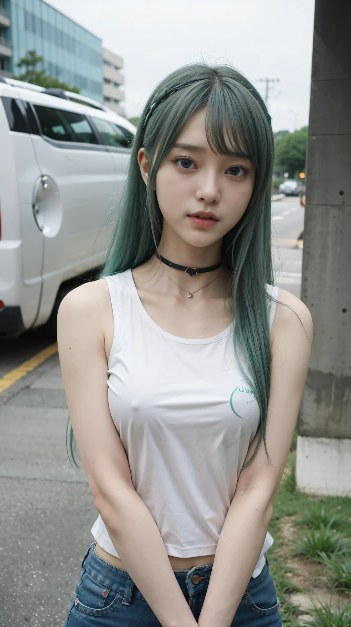 22 years old, Hatsune Miku, city, green hair, green eyes, vocaloid, girl in need, collar, white shirt, t-shirt, blue short, sleeveless, looking at viewer, standing