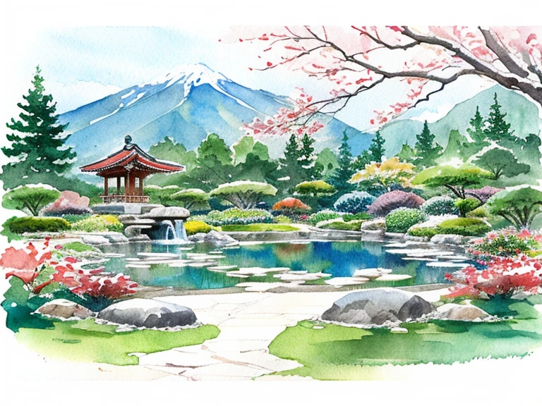 Beautiful Japanese garden,in winter scenery,watercolor painting.