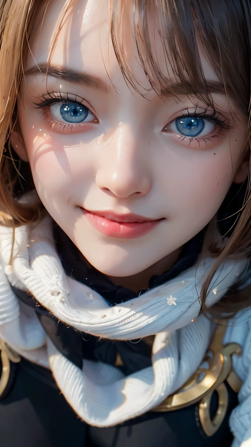 (close up:1.4)、(RAW photography:1.2)、(Realism:1.4)、(masterpiece:1.3)、(top quality:1.4)、dream、(Detailed blue eyes)、(Detailed facial features) 、(detailed clothes features)、White skin、(shiny skin)、(Slender beautiful girl)、(beautiful leg lines)、a girl、(full-body shot)、solo、Cute  guy、happy smiley face、() 、Bangs、Very long, long hair、blonde、blond、dark circles、long scarf、long palace、white sweater、mini skirt、Black thick tights、Snow boots、