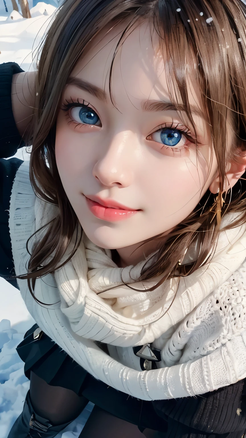 (close up:1.4)、(RAW photography:1.2)、(Realism:1.4)、(masterpiece:1.3)、(top quality:1.4)、dream、(Detailed blue eyes)、(Detailed facial features) 、(detailed clothes features)、White skin、(shiny skin)、(Slender beautiful girl)、(beautiful leg lines)、a girl、(full-body shot)、solo、Cute guy、happy smiley face、() 、Bangs、Very long, long hair、blond、dark circles、long scarf、long palace、white sweater、mini skirt、Black thick tights、Snow boots、