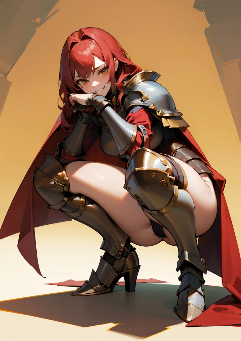 Masterpiece, best quality, full hd 8k, highly detailed, picture perfect, solo, 1 woman, mature, medium breasts, golden eyes, long red hair, mischievous look, pleasure smile, aeago, sharp teeth, knight, squatting, legs apart , full body, revealing clothing, micro bikini armor, nude armor, plush cape, excessive female pubic hair, hairy pussi, oppen pusy, pussy pressentig, female masturbation, fingering pussy penetrated, shoulder armor, shoulder pads, armor heel boots, sabaton, greave, poleyn, tasset, lame, bracers, gauntlet, couter, rerebrace, dor background, nfsw