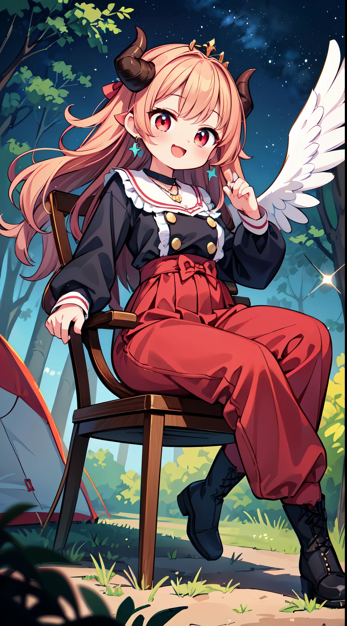 (super fine illustration:1.2),(masterpiece, 8k), (best quality, high quality:1.4), perfect anatomy, hyper detailed, ultra detailed,masterpiece background,beautiful detailed background, v8k wallpaper,perfect design,award-winning art,atmospheric,


BREAK,   1 beautiful girl, (Beauty:1.5),(Chibi:0.5),(kawaii:2.0),(Cool:2.0),(17 year old girl),(Solo:1.65),BREAK, (huge-breasted:1.35), Clear skin, Beautiful skin, Shy, 1 beautiful woman,Demons,Colossal tits(Hair Bow, Red hair, Long hair, flipped hair, hair messy,Wings of an angel on the back, Demon King's horn on the head:1.2), (Red Eyes, long eyelashes, Double eyelids: 1.2), Shiny skin,de pele branca,dial,(best quality face),(Top quality glowing eyes),(Doya face,brave face:1.45),(The best smile,:D:1.45),


BREAK, ((long sleeves), (long pants, boots, ), detailed frilled camisole), (red skirt, detailed laced skirt), (tiara, necklace, earrings), BREAK,chair, outdoor, girl,long sleeves, long pants, boots, mug, night, stars, forest, tent, 1girl, night,stars, (forest:1.2), (chair:1.2), (outdoor:1.2),mug, (night:1.2), (tent:1.2), look up,smile,



BREAK,wakame,wakame,wakame,(dynamic pose,from front:1.5) 


BREAK,(Blurry background:1.3),(absurderes, hight resolution, Super Detail Art),cel shading,Clear Color, Lonely optical effect, Beautiful pictures, Bright glow, mystic atmosphere,(Close-up of girl:1.1), Mystical light particle effect,manga influence, clean line drawings, 
 