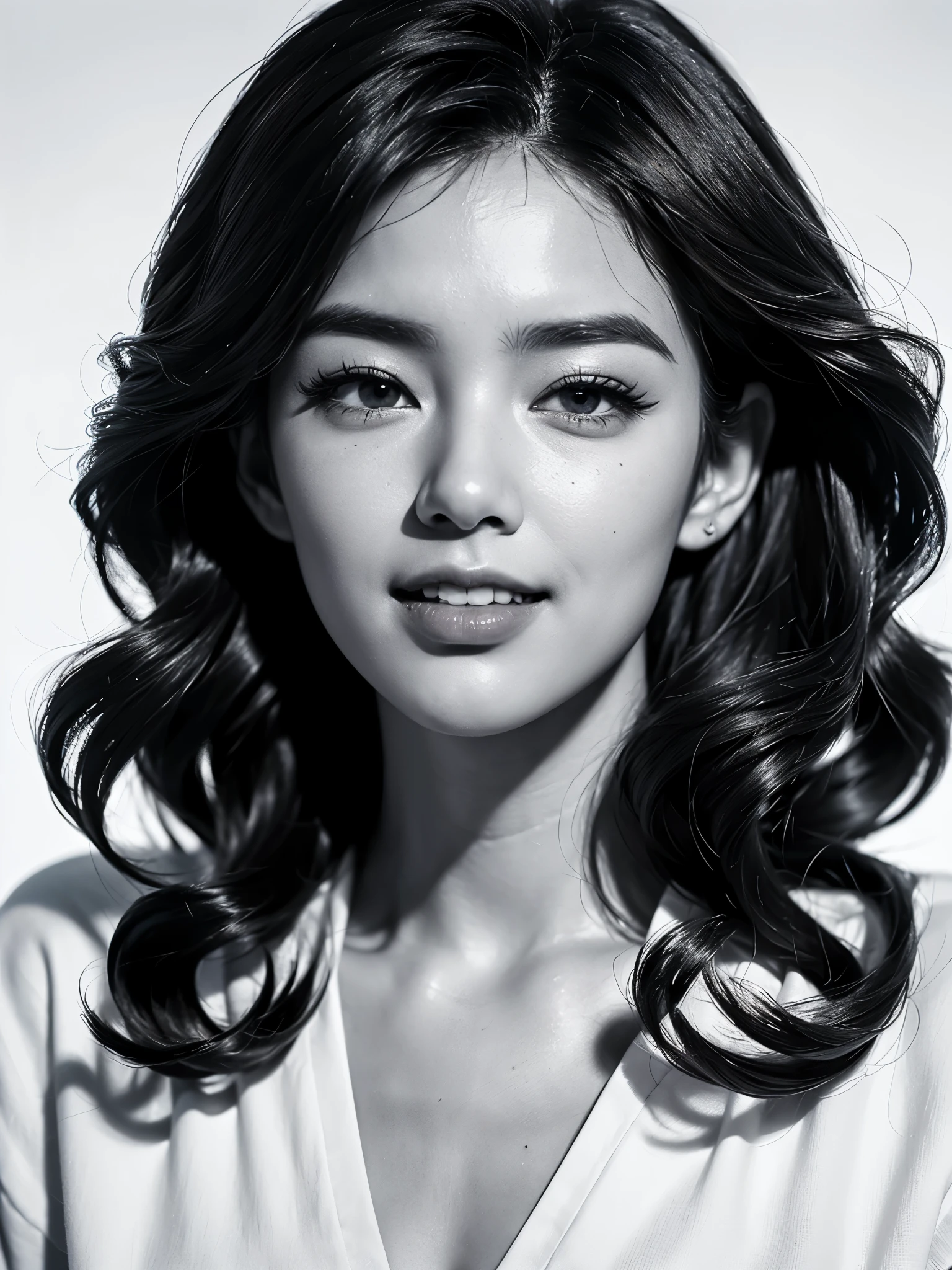 (Wild beauty黑白特写),Black and white pencil drawing of a woman wearing a white shirt,(bowed slightly) Young wild asian face,,A bit of a mixed race face,, (Laugh with your mouth closed),(The foxy eyes are half-closed:1.2),(Squint the corners of your eyes and turn them up slightly), Thick straight eyebrows,The eyebrows are high and angular,(Messy thick short hair slightly curled),(Slightly square jaw:0.4),(Wild beauty:0.8),(Lazy)Sonorous beauty,A bit like Vivien Leigh, perfect face ,beautiful aesthetic face,Sexy face with complete makeup,, Korean popular makeup, Ruan cute vtuber, jinyoung shin,(black and white pencil drawing), expressive hair, messy hair, wavy hair, very fluffy and full hair on the top of the head, shiny hair, slightly narrowed slender eyes, long inner corners, like fox's eyes, tsurim, long eyelashes, light smile, pursing big mouth movements, torogao, anime style, light and dark contrast, cowboy lens, ultra-high definition, masterpiece, accuracy, textured skin, super details, High detail, high quality, award-winning, best quality, high-level, 16k,