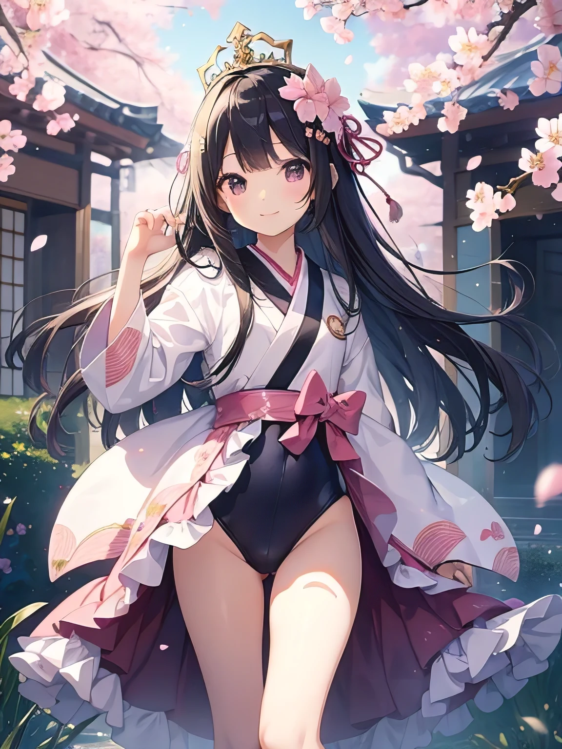 highest quality、very delicate and beautiful、I、I、8-year-old 、Japanese、、Chiquita、Noble、primary school student、black hair、Pink leotard、(High leg)、Tiara on the head、lazy smile、Are standing、facing forward、background is cherryblossoms