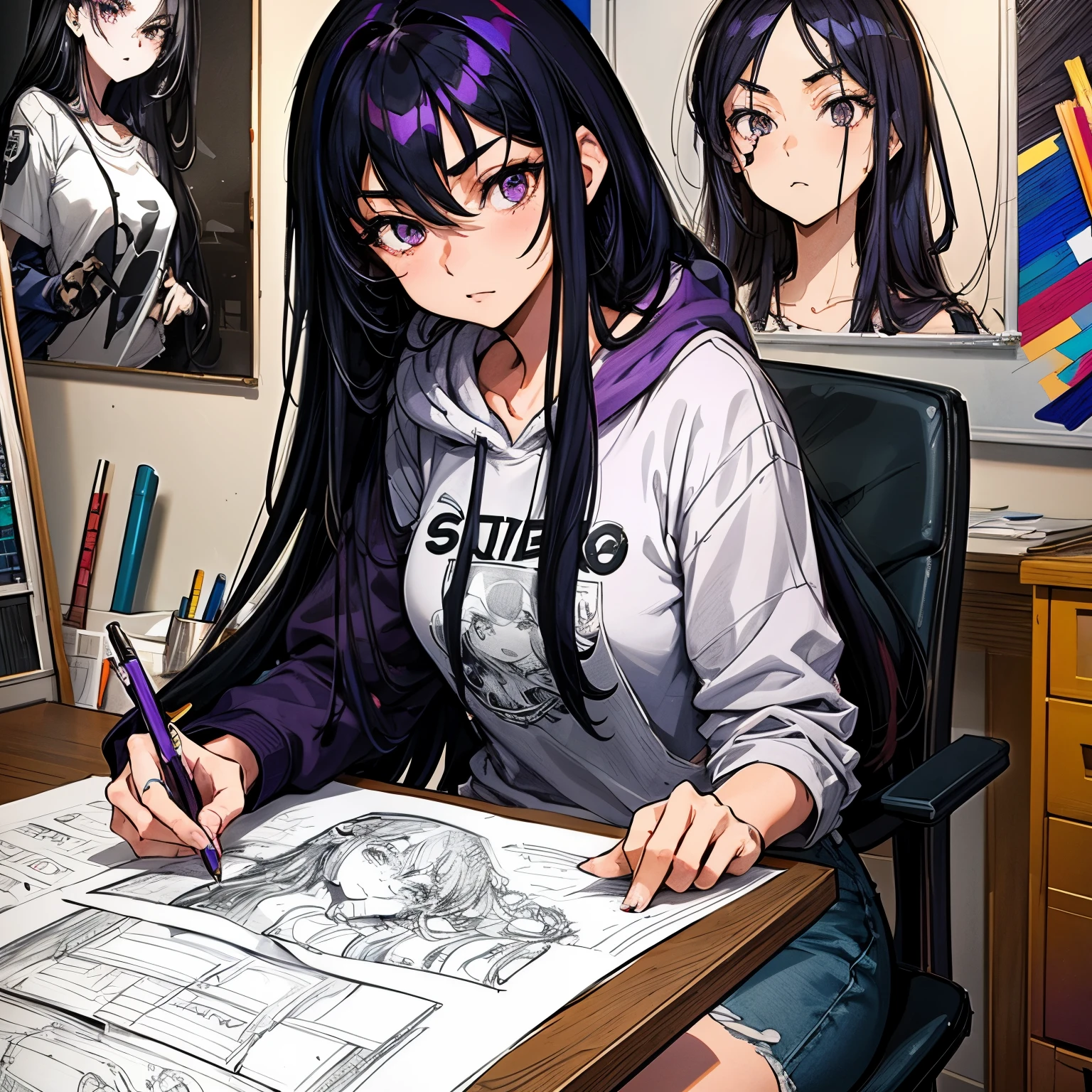 A beautiful and sexy artist girl, black hair,long hair, purple eyes, wearing a hoodie graphic t-shirt and torn skinny jeans, sitting at her drafting table, drawing a pencil sketch of a highly detailed super hero in her sketch pad, in an art studio, highly detailed background, perfect masterpiece, high quality, high resolution