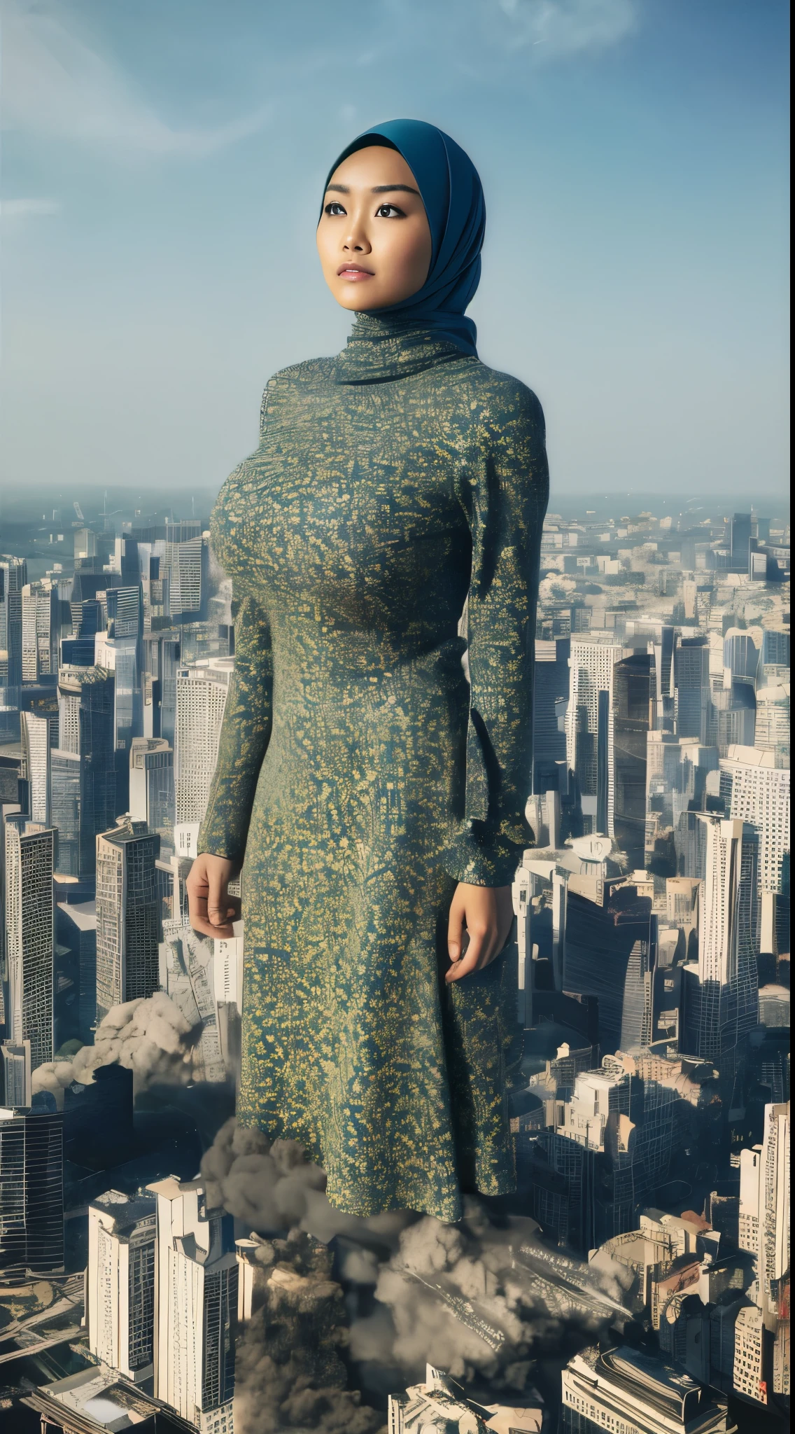 RAW, Best quality, high resolution, masterpiece: 1.3), beautiful Malay woman in hijab,Masterpiece, perfect slim fit body, (Huge breast), Massive Gigantic Round Tits : 196.9, big gorgeous eyes, Soft smile, Delicate turtleneck print peplum dress, necklace, shairband, Excellent lighting, Bright colors, Clean lines, mega giantess, Asian, standing, high heels,, skyscrapers, city destruction, collapsing buildings, fire, smoke, explosions, dust explosions, gray tint, clear sky