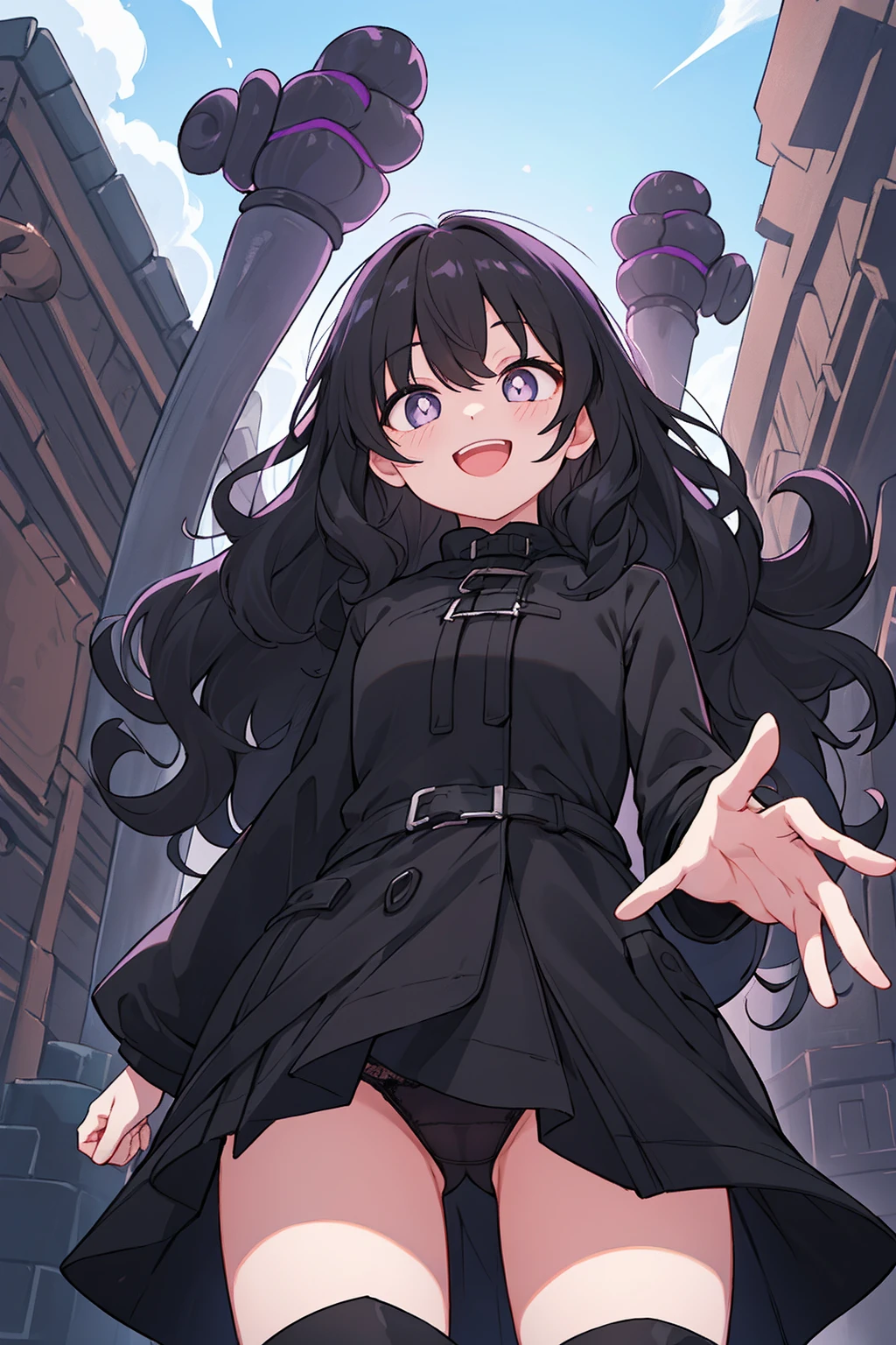 upper body whole body ,(from below:1.5)、8K、top quality face、Highest quality pupils、ticker、、wavy hair、medium hair、Two arms、two legs、black coat、Purple Dress、Black panties、black hair、black clothes、gray eyes、Smiled face、open your mouth and laugh、black boots、western fantasy、outdoor、Doing an adventure