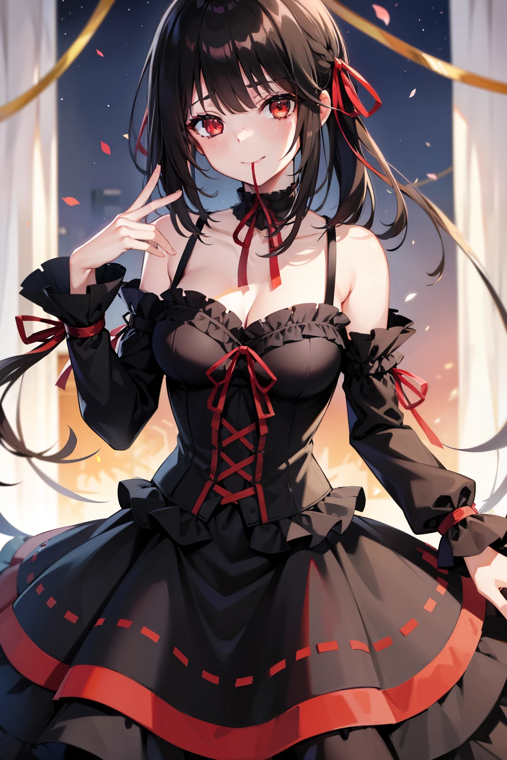 Idol, Masterpiece, Top Quality, Beautiful Face, Absurdity, HDR, (Cowboy Shot, White Ruffled Lace Mini Dress, White Collar, White Frill Cuff, Particles: 1.5), (Bloom, Glow: 1.4), (Smile), (Red Color Inhair, Purplish Red Eyes: 1.7), Sharp Focus, Photorealistic, High Resolution, Best Detail, Ultra Detailed, Detailed Face and Eyes, Sharp Pupils, Realistic pupils, sharp focus, shiny skin, (black long hair, black corset: 1), (dark studio, dark background: 1.5), rim lighting, dynamic and cinematic lighting, ((skirt up: 1.3)))), ((white panties visible))),