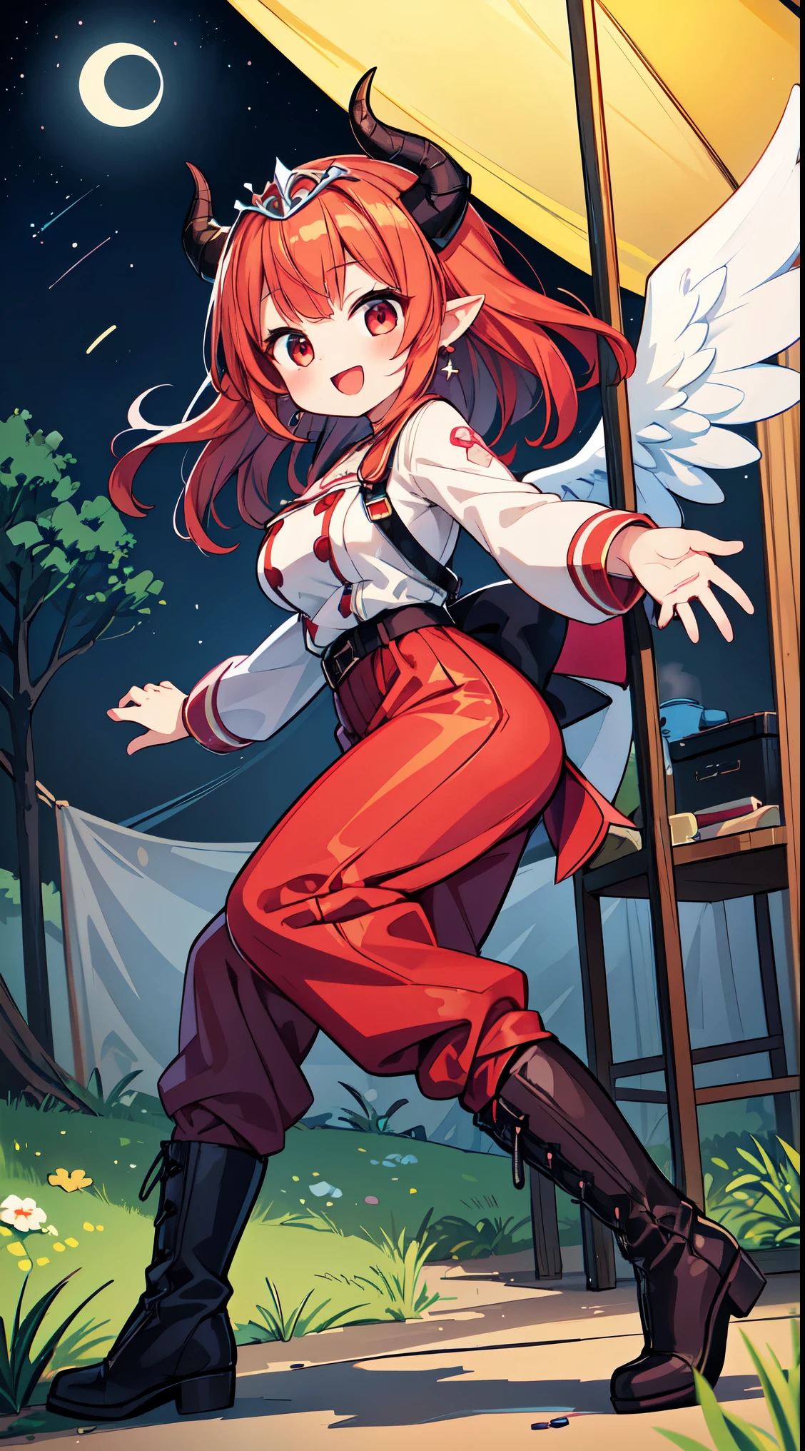 (super fine illustration:1.2),(masterpiece, 8k), (best quality, high quality:1.4), perfect anatomy, hyper detailed, ultra detailed,masterpiece background,beautiful detailed background, v8k wallpaper,perfect design,award-winning art,atmospheric,
BREAK, 1 beautiful girl, (Beauty:1.5),(Chibi:0.5),(kawaii:2.0),(Cool:2.0),(17 year old girl),(Solo:1.65),BREAK, (huge-breasted:1.35), Clear skin, Beautiful skin, Shy, 1 beautiful woman,Demons,Colossal tits(Hair Bow, Red hair, Long hair, flipped hair, hair messy,Wings of an angel on the back, Demon King's horn on the head:1.2), (Red Eyes, long eyelashes, Double eyelids: 1.2), Shiny skin,de pele branca,dial,(best quality face),(Top quality glowing eyes),(Doya face,brave face:1.45),(The best smile,:D:1.45),
BREAK, ((long sleeves), (long pants, boots, ), detailed frilled camisole), (red skirt, detailed laced skirt), (tiara, necklace, earrings), BREAK,chair, outdoor, girl,long sleeves, long pants, boots, mug, night, stars, forest, tent, 1girl, night,stars, (forest:1.2), (chair:1.2), (outdoor:1.2),mug, (night:1.2), (tent:1.2), look up,smile,
BREAK,wakame,wakame,wakame,(dynamic pose,from front:1.5)
BREAK,(Blurry background:1.3),(absurderes, hight resolution, Super Detail Art),cel shading,Clear Color, Lonely optical effect, Beautiful pictures, Bright glow, mystic atmosphere,(Close-up of girl:1.1), Mystical light particle effect,manga influence, clean line drawings,