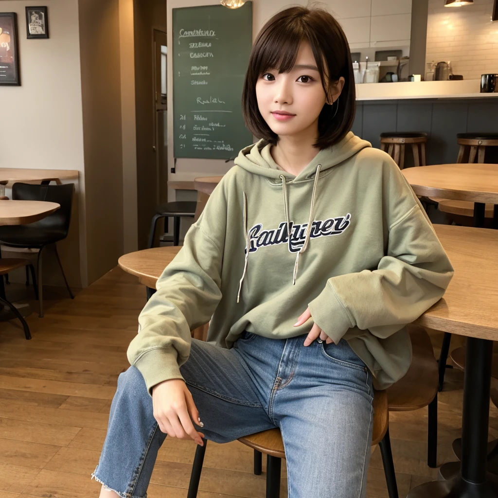 (realistic、High resolution:1.3)、Just one girl with a perfect figure、super thin face and eyes、short hair、hoodie:1 in random color.2、short jeans、I have my legs crossed、at the cafe、coffee on the table