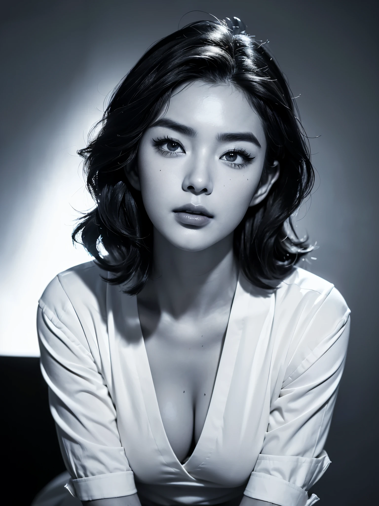 (Wild beauty黑白特写),Black and white pencil drawing of a loud-mouthed woman wearing a white shirt,(bowed slightly), Young wild asian face,,A bit of a mixed race face,, (Laugh with your mouth closed),(The foxy eyes are half-closed:1.2),(Squint the corners of your eyes and turn them up slightly), Thick straight eyebrows,The eyebrows are high and angular,(Messy short hair slightly curled),(Slightly square jaw:0.4),(Wild beauty:0.8),(Lazy)Sonorous beauty,A bit like Vivien Leigh, perfect face ,beautiful aesthetic face,Sexy face with complete makeup,, Korean popular makeup, Ruan cute vtuber, jinyoung shin,(black and white pencil drawing), expressive hair, messy hair, wavy hair, very fluffy and full hair on the top of the head, shiny hair, slightly narrowed slender eyes, long inner corners, like fox's eyes, tsurim, long eyelashes, light smile, pursing big mouth movements, torogao, anime style, light and dark contrast, cowboy lens, ultra-high definition, masterpiece, accuracy, textured skin, super details, High detail, high quality, award-winning, best quality, high-level, 16k,