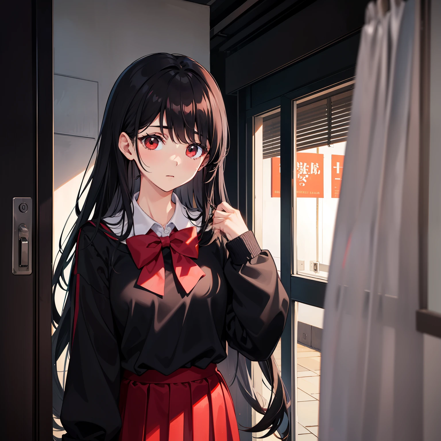 One was wearing a school uniform,cabelos preto e longos,Girl with black and red eyes,Long scattered hair fluttered in the air,A curtain of black hair covers one eye。