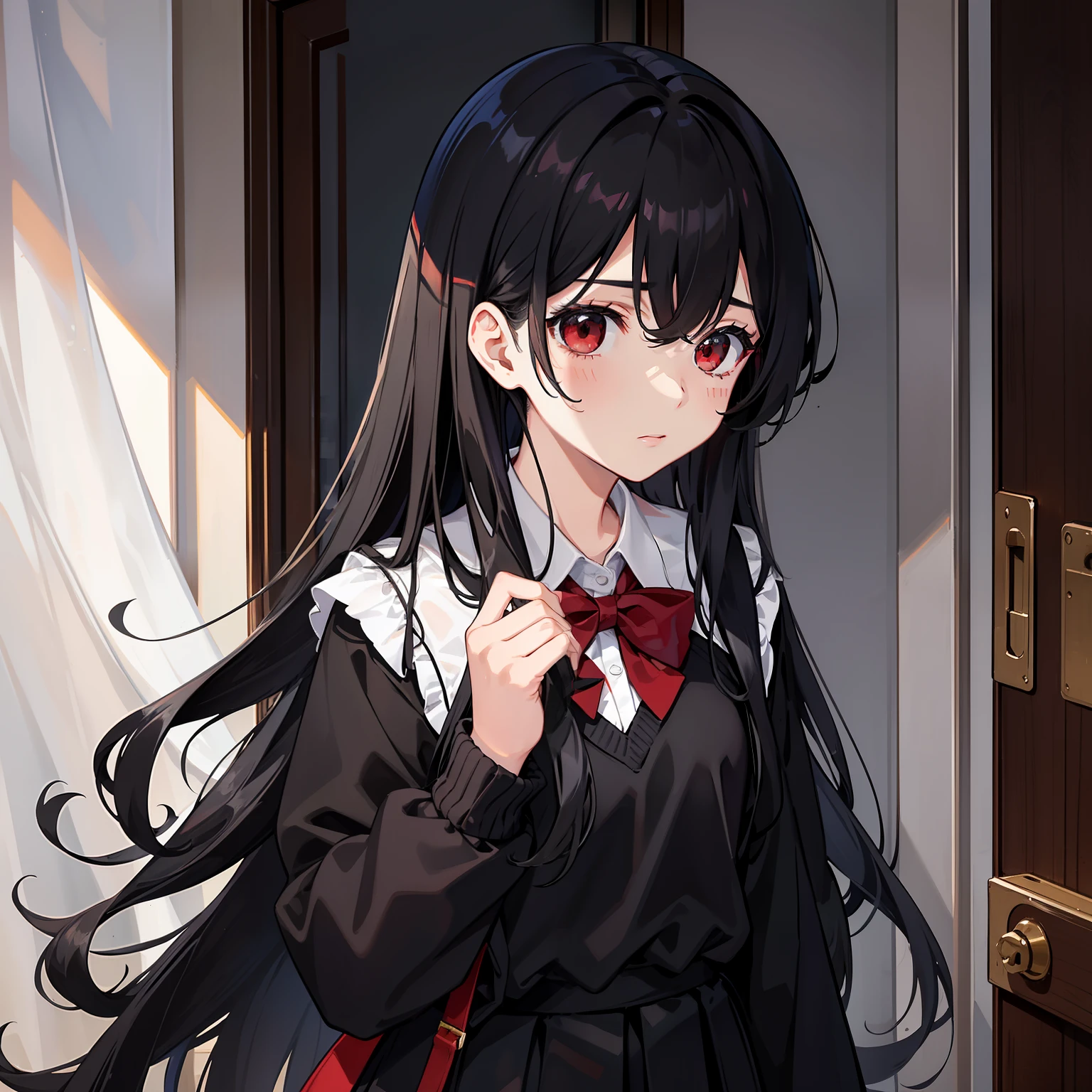 One was wearing a school uniform，cabelos preto e longos，Girl with black and red eyes，Long scattered hair fluttered in the air，A curtain of black hair covers one eye。
