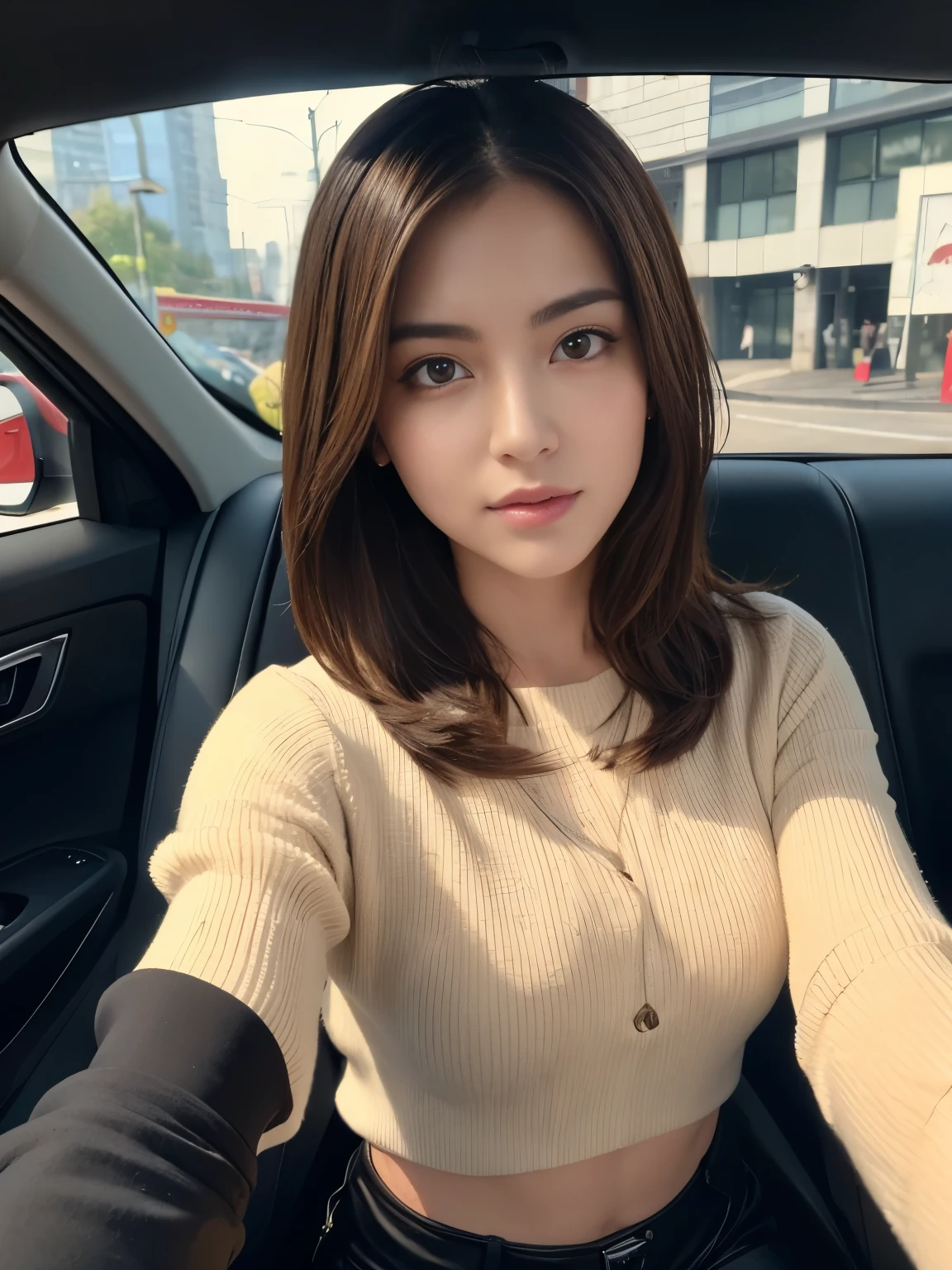 ((realistic lighting、highest quality、8K、masterpiece:1.3))、clear focus:1.2、naked:1.3、1 girl、perfect body beauty:1.4、dark brown eyes、((dark brown hair、(acceleration:1.4)、narrow side、in the car、look at the camera、(24-years-old:1.3)、highly detailed face、detailed eye、double eyelid、selfie