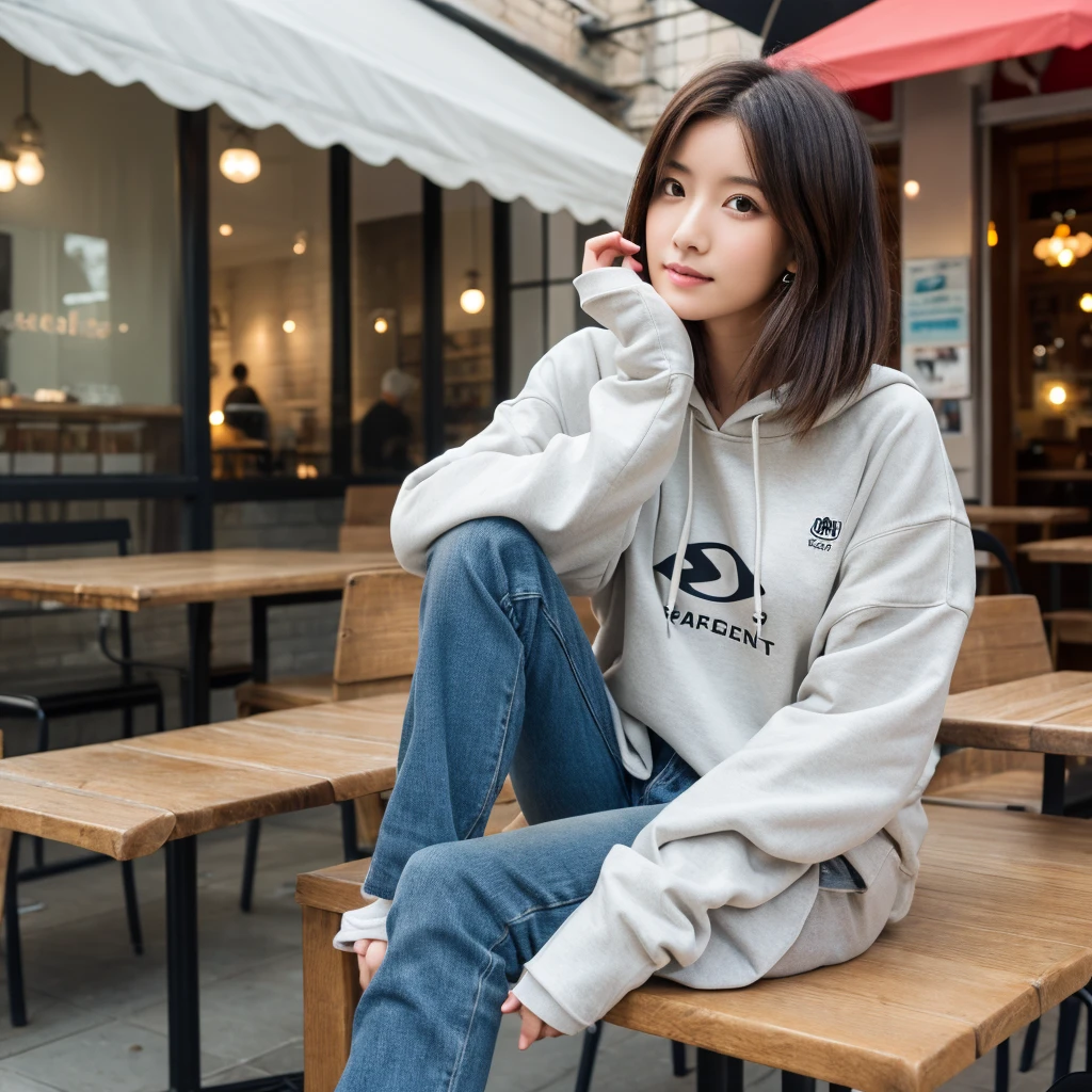 (realistic、High resolution:1.3)、Just one girl with a perfect figure、super thin face and eyes、short hair、hoodie:1 in random color.2、short jeans、I have my legs crossed、at the cafe、coffee on the table