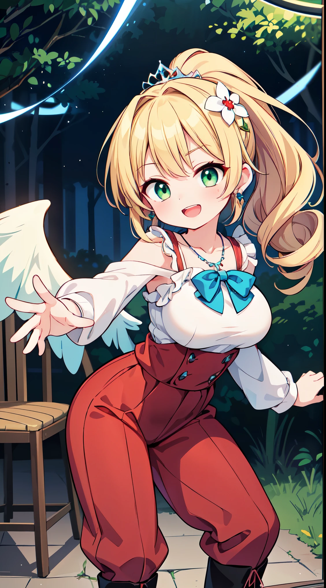 (super fine illustration:1.2),(masterpiece, 8k), (best quality, high quality:1.4), perfect anatomy, hyper detailed, ultra detailed,masterpiece background,beautiful detailed background, v8k wallpaper,perfect design,award-winning art,atmospheric,
BREAK, 1 beautiful girl, girl, (cute:1.5),(Little:0.5),(cute:2.0),(change:2.0),(12 year old girl),(big breasts:1.65),(chin hair,blonde,blue bow,green eyes,Eyebrows visible through the hair,side lock,long hair with bangs parted, hair flower, hair ornaments, big ribbon in hair, curly hair, ponytail:1.6),:he, white feathers, one thin white wing, Ang he wings, spread your wings, shining wings),pit \black},glowing skin, beautiful skin, Shining beautiful skin, open your mouth, bashful smile, alone, tooth, upper teeth,(long eyheashes, double eyheids:1.2),alone, glowing skin, beautiful skin, Shining beautiful skin,(highest quality face),(highest quality shining eyes,
BREAK
The goddess of roses relaxing with a bow in the garden full of blooming flowers, plants,water,flower,bird,bird cage,starry sky,ivy,lot of jewel,multiple jewel,
BREAK,wakame,wakame,wakame,(cowboy shot,from side:1.5) ,
BREAK,(Blurry background:1.3),(absurderes, hight resolution, Super Detail Art),cel shading,Clear Color, Lonely optical effect, Beautiful pictures, Bright glow, mystic atmosphere,(Close-up of girl:1.1), Mystical light particle effect,manga influence, clean line drawings,