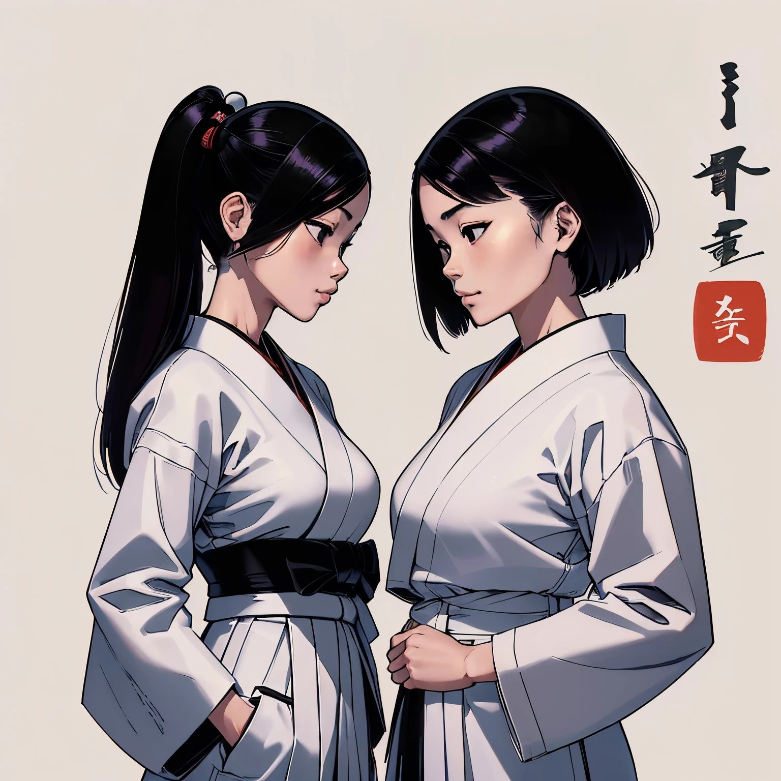 twin siblings face-to-face, Japanese girl, ((1girl wearing: black jacket with kanji motif, white baggy pants)), ((1girl wearing: White Japanese Hakama)), looking at each other, (16k, extremely detailed, ultra quality face, medium shots, masterpiece, realistic, detailed face, smug smile), (Japanese Empty Dojo Background:1.3)