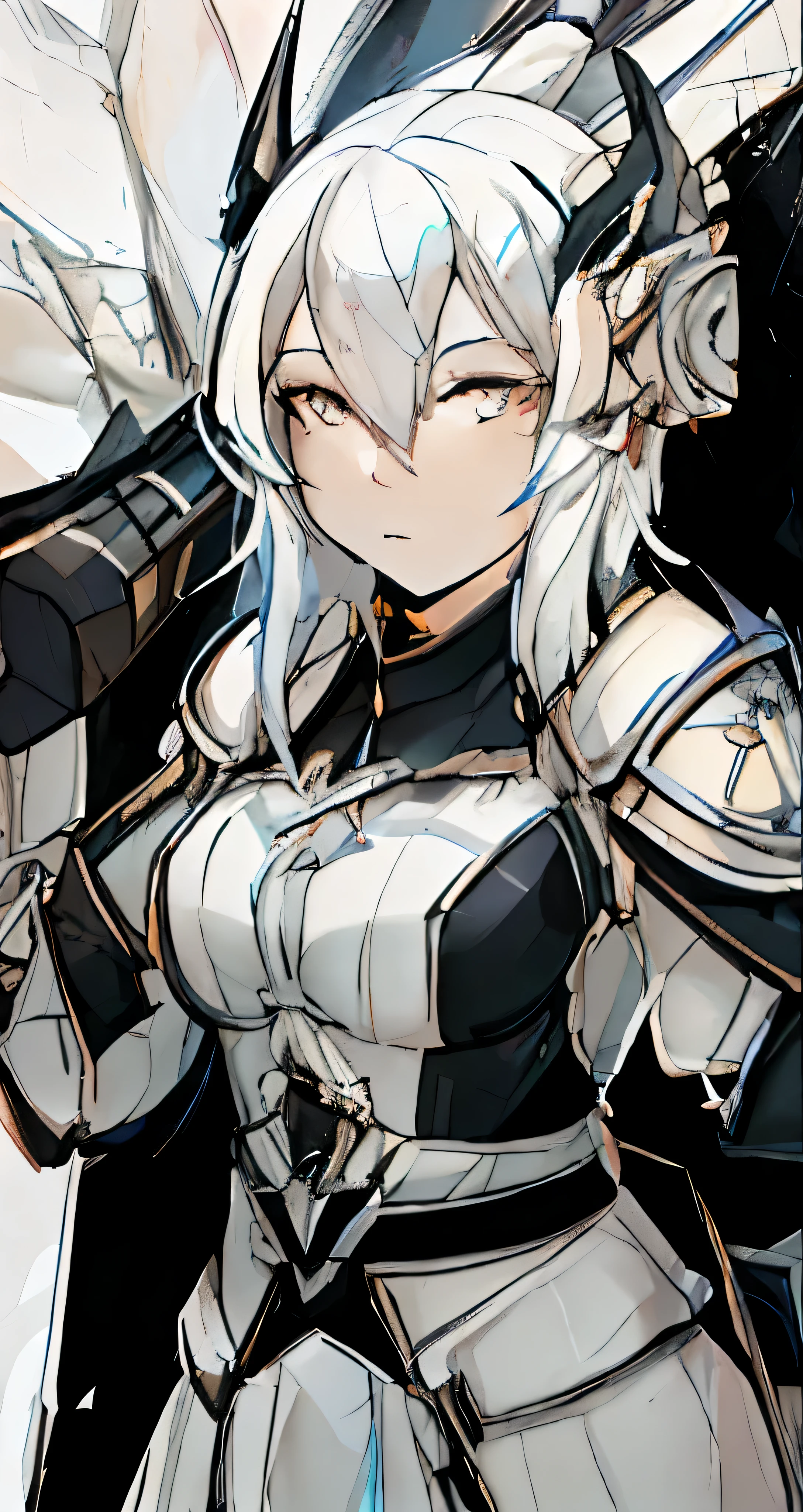 anime character with white hair and armor holding a sword, armor girl, pale black armor, gorgeous female paladin, highly detailed exquisite fanart, white haired deity, white armor, glossy white armor, of a beautiful female knight, mechanized valkyrie girl, from arknights, portrait knight female, portrait knights of zodiac girl, official character art, portrait of female paladin