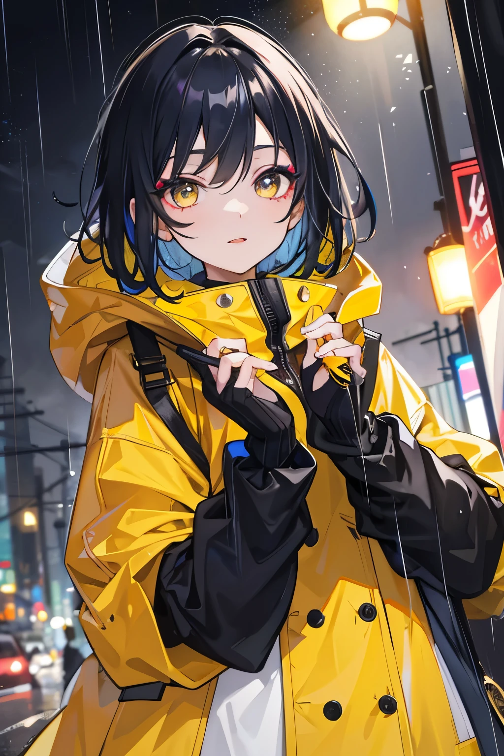 1girl, with vibrant makeup, in a night city covered in heavy rain, wearing an elegant yellow coat, looking up with a confident expression.