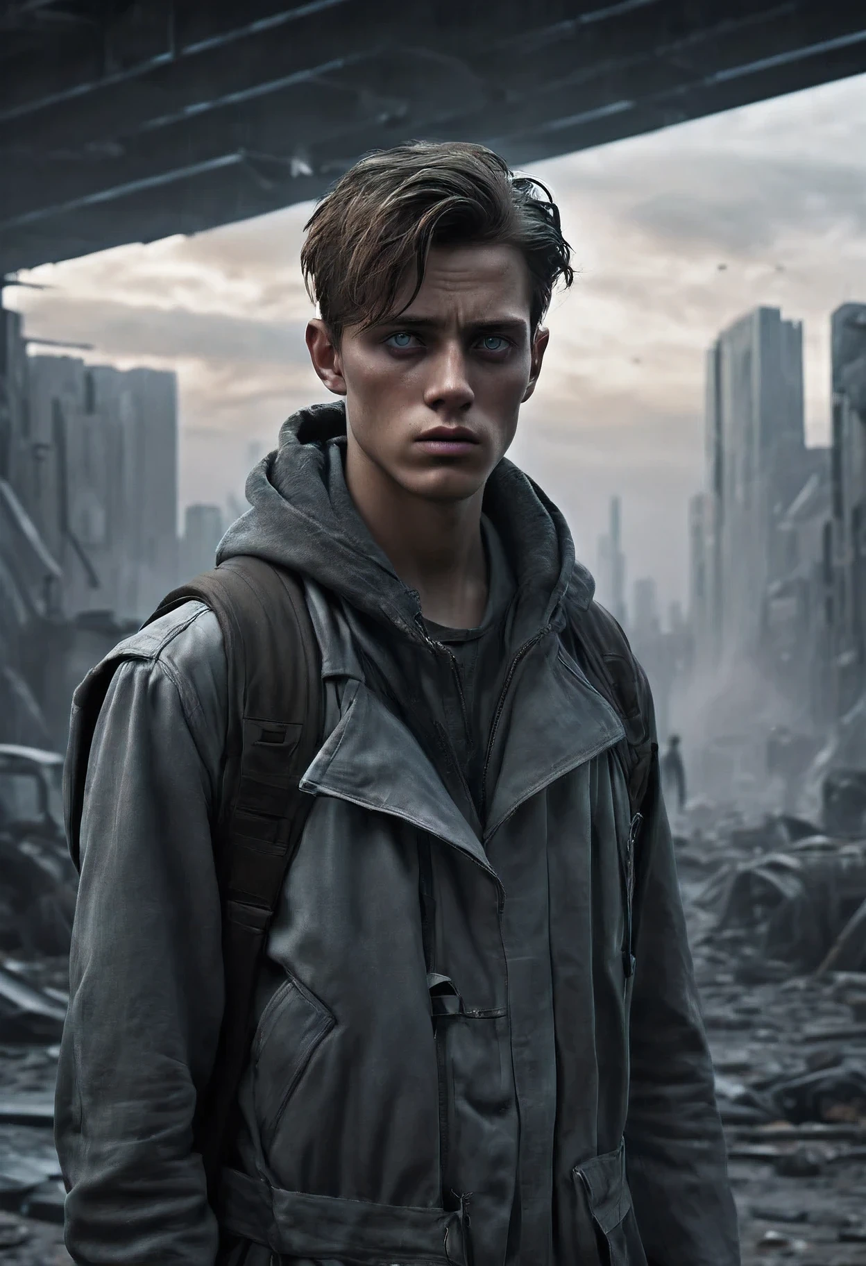 Create a hyperrealistic depiction of a young man in a dystopian setting. The scene is dimly lit with subtle, dusty and smokey atmospheres. The protagonist, characterized by striking grey eyes, is dressed in a modern outfit. Surround him with futuristic architecture that seamlessly blends into the dystopian landscape. Pay meticulous attention to the interplay of light and shadows, ensuring hyperrealistic detailing in the environment, character expression, and clothing. Capture the essence of a documentary-style photograph in this dystopian world, where the visual elements evoke a sense of both desolation and futuristic intrigue.