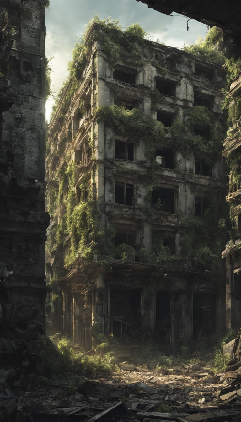 "Abandoned city, post apocalyptic scenery, Desolate and eerie atmosphere, building crumbling, overgrown plants, Undeservedly beautiful, dramatic lighting, Scattered debris, A sense of mystery and melancholy."