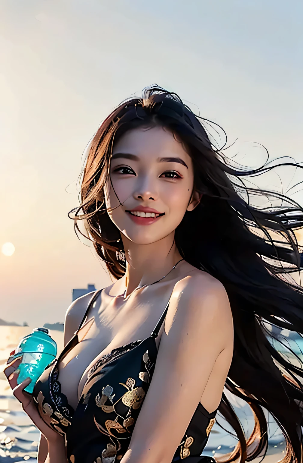 best quality、Masterpiece、real picture、intricate details、original photo、super detailed、delicate face、delicate skin、Art station fashion trends、8K masterpiece、( (1 girl in))、((alone) ))、plastic en、((long black hair))、((beautiful woman))、(a smile)、Top Teeth、fashionable、hair blowing in the wind、((flowing hair))、fashion magazine、((a sexy))、((like the same light)、((indirect lighting)、((meet))、(gender)、grinning、beach、Sunlight
