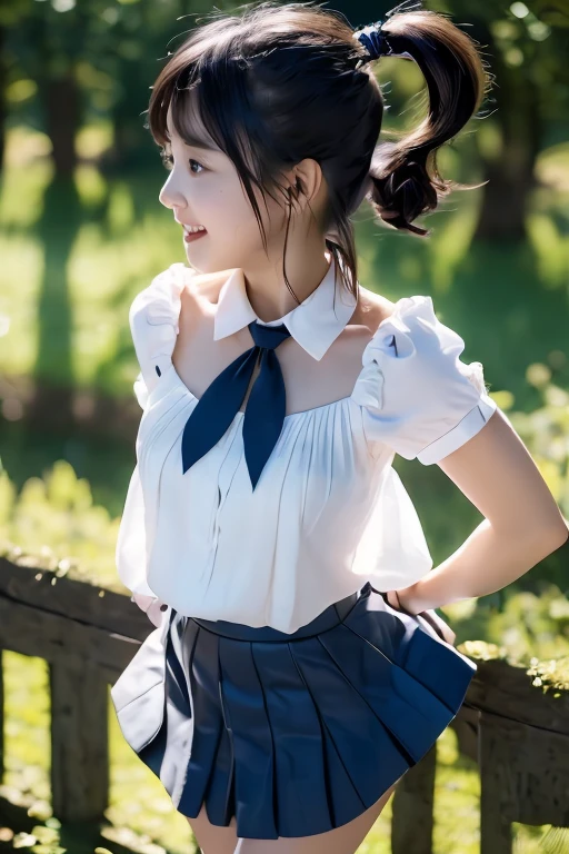 ((white short sleeve blouse、ultra mini pleated skirt、dark blue)), ((red tie))、 ((black boots))、((whole body esbion))、((side shot))、((、small and flat chest))、Beautiful girl with realistic black eyes, white skin, medium length black hair, perfect face, perfect eyes, very detailed, comprehensive movie, digital painting, 8K, cinematic lighting, highest quality, High resolution, detailed work, Post-processing, perfect results, surreal、Little dance、Frolic、My heart is excited