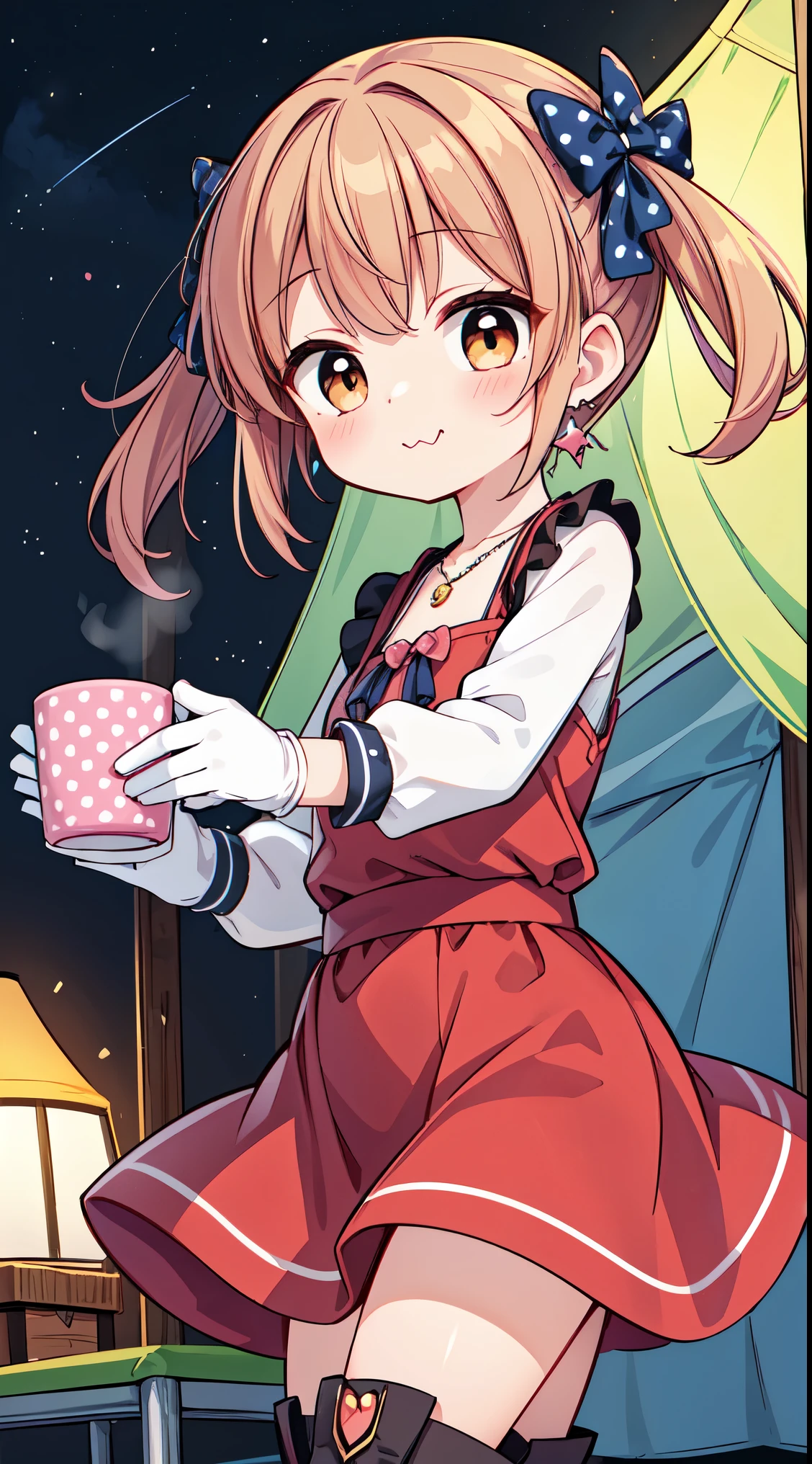 (super fine illustration:1.2),(masterpiece, 8k), (best quality, high quality:1.4), perfect anatomy, hyper detailed, ultra detailed,masterpiece background,beautiful detailed background, v8k wallpaper,perfect design,award-winning art,atmospheric,
BREAK, (Cute:1.5),(Chibi:0.5),(kawaii:2.0),(:2.0),(7 year old girl),(Solo:1.65),BREAK, (flat chest:1.2,), Clear skin, Beautiful skin, Shy, One beautiful ,Colossal tits(Hair Bow, reddish brown hair, Twin-tailed:1.2), (Brown eyes, long eyelashes, Double eyelids: 1.4), Shiny skin, BREAK, Star \(symbol\, (gloves, White Gloves:1.3), (bug, Dress,polka dot:1.3) , Looking at Viewer,(long boots:1.2), BREAK, country style, western-inspired clothing, cowboy boots, denim, plaid shirts, rustic accessories, earthy colors, casual comfort,
BREAK, ((long sleeves), (long pants, boots, ), detailed frilled camisole), (red skirt, detailed laced skirt), (tiara, necklace, earrings), BREAK,chair, outdoor, girl,long sleeves, long pants, boots, mug, night, stars, forest, tent, 1girl, night,stars, (forest:1.2), (chair:1.2), (outdoor:1.2),mug, (night:1.2), (tent:1.2), look up,smile,
BREAK,wakame,wakame,wakame,(dynamic pose,from front:1.5)
BREAK,(Blurry background:1.3),(absurderes, hight resolution, Super Detail Art),cel shading,Clear Color, Lonely optical effect, Beautiful pictures, Bright glow, mystic atmosphere,(Close-up of girl:1.1), Mystical light particle effect,manga influence, clean line drawings,