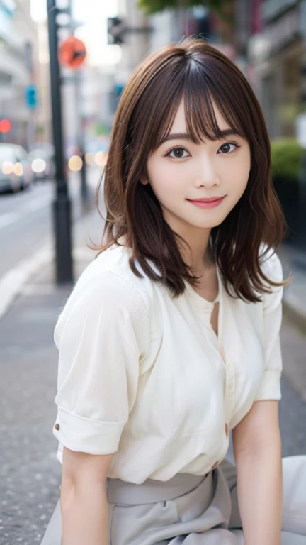 In 8K,highest quality:1.4, Super high resolution:1.5, (realistic:1.4),masterpiece:1.2,(highest quality:1.4)、 RAW photo、 (background is blurry), 1 japanese girl, cute, (alone:1.4), (shy smile), smooth skin、 (brown medium hair,bangs),Nogizaka,supple fingertips,beautiful black eyes、dual、natural skin texture:1.3, Realistic eye and face details:1.7、medium breasts、daytime、tight buttocks:1.5、look at the viewer,The photographer is3mput off, Upper body:1.8,(fine hair:1.1), (fine eyes:1.1)、cute、dating scene、I'm female、date clothes、cute clothes、skin that looks real、lifelike face、sitting with legs crossed