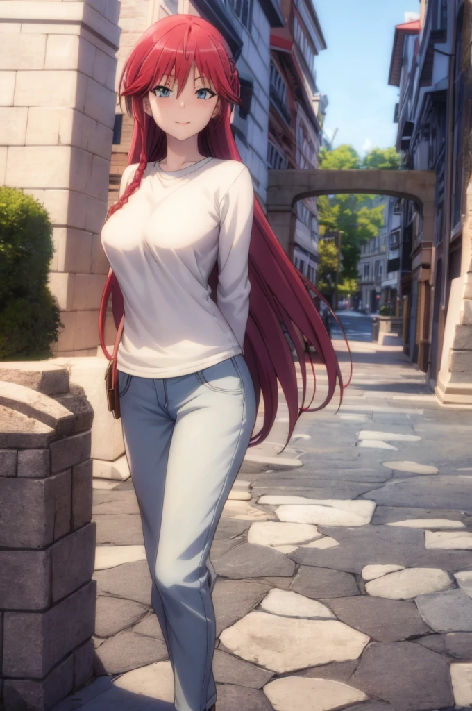 masterpiece, (best quality), 1woman,1girl ,lilith_asami, long hair, red hair, blue eyes , braid, side braid, white sweater, shirt, pants, large breasts,,sexy woman, adult, smile, blush, vibrant colors ,,natural lighting ,RTX, beautiful, (detailed face:1.2), showcase, (perfect eyes:1.1) ,(photorealistic:1.1), 8k uhd, looking at viewer, outdoors, simple backround