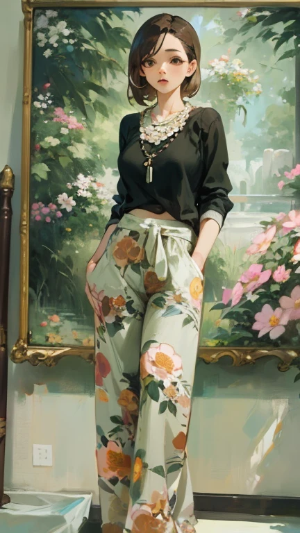 masterpiece, 最high quality, high quality, Female 1、30 years old,alone, female focus, artist, whole body, natural taste, brilliant brown hair, Big brown eyes、 floral wide leg pants、Wearing a necklace with a flower motif、Painting oil、