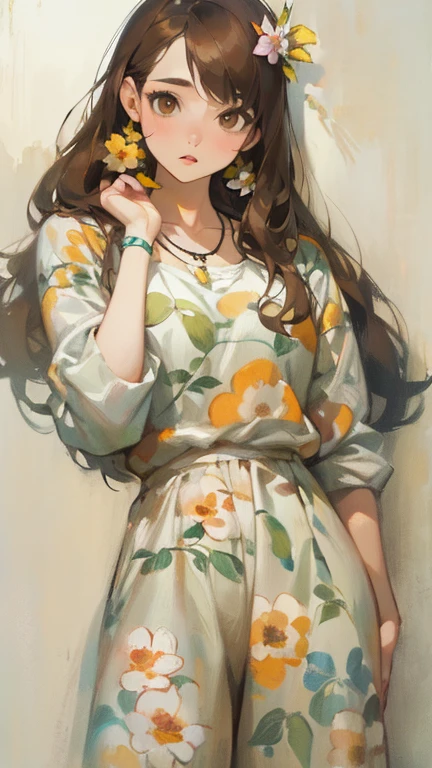 masterpiece, 最high quality, high quality, Female 1、30 years old,alone, female focus, artist, whole body, natural taste, brilliant brown hair, Big brown eyes、 floral wide leg pants、Wearing a necklace with a flower motif、Painting oil、