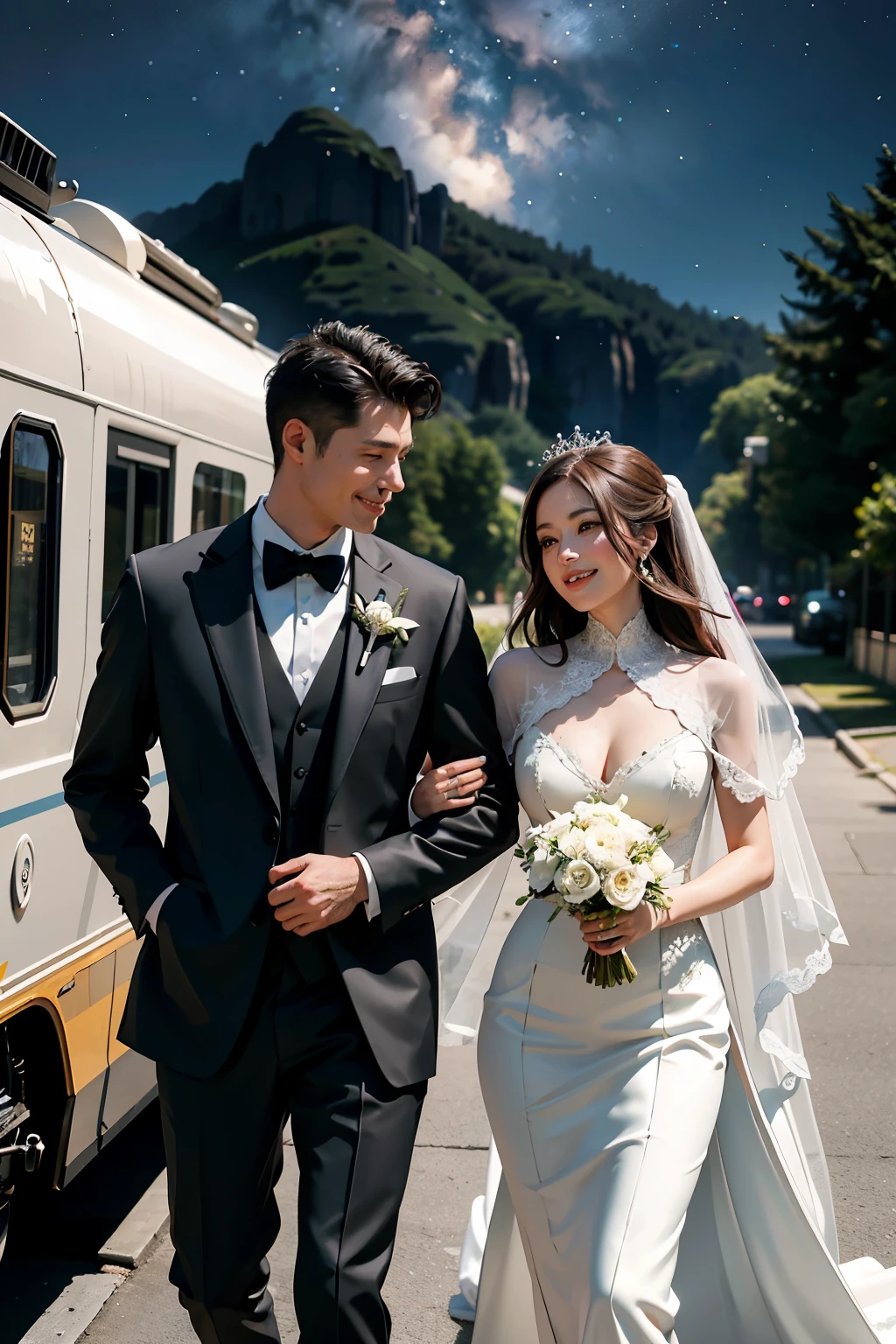 Modern and chic, this nice couple exudesstyle as they prepare for their out-of-this-world wedding. She dons a realityposed elegant wedding dress with intricate beading and a flowing train, while he looks dapper in a crisp tuxedo. The setting, an otherworldly landscape of stars and planets, adds a unique and surreal touch to their special day. The high-definition, ultra-detailed photo captures every moment in stunning clarity, from the couple's radiant smiles to the textured fabric of their attire. A masterpiece of modern wedding photography, this image is sure to take your breath away.