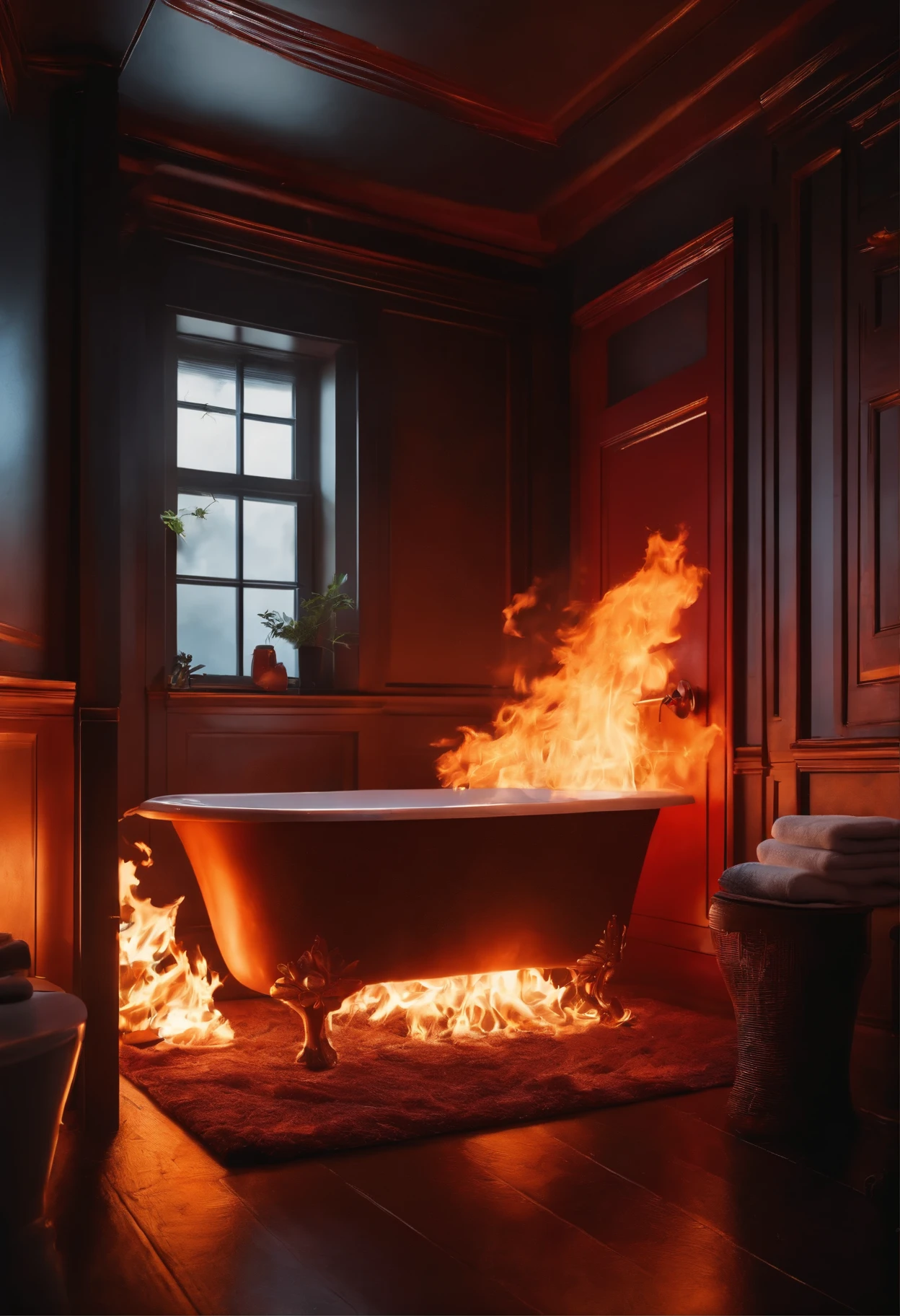 a bathroom in fire, the room is one fire, the toilet is on fire, high detail, 8k