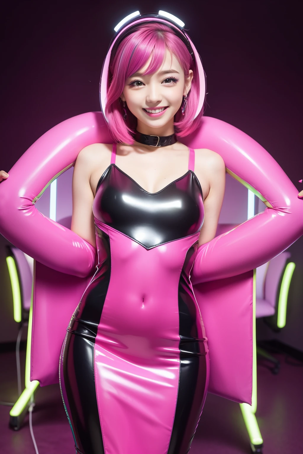 female idol、smiling face、full body Esbian、sexy latex dress(neon fuchsia)、multicolor hair、