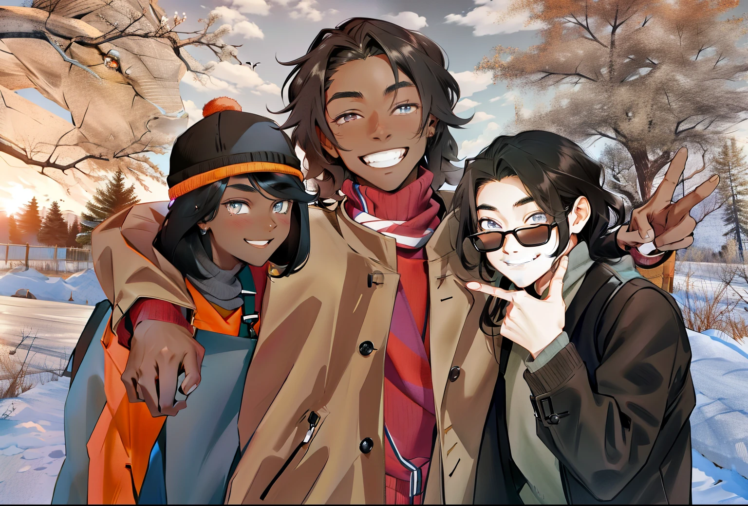 three people, happy, posing for photo, pose, good anatomy, good colors, looking at viewer, adults
AND 1boy, tall, smiling, eyes closed, dark skin, brown medium hair, brown jacket, red sweater, arm on the shoulder of the girl, masculine, hand on the shoulder, hand on the shoulder of the girl,
AND 1girl, pretty, dark skin, happy, looking at viewer, shy, cold cap, orange shirt, overalls, blue eyes, black medium hair,
AND 1boy, fair skin, grey eyes, medium hair, black hair, reparted hair, happy, pointing at the middle, black coat, grey sweater, masculine, muscles,