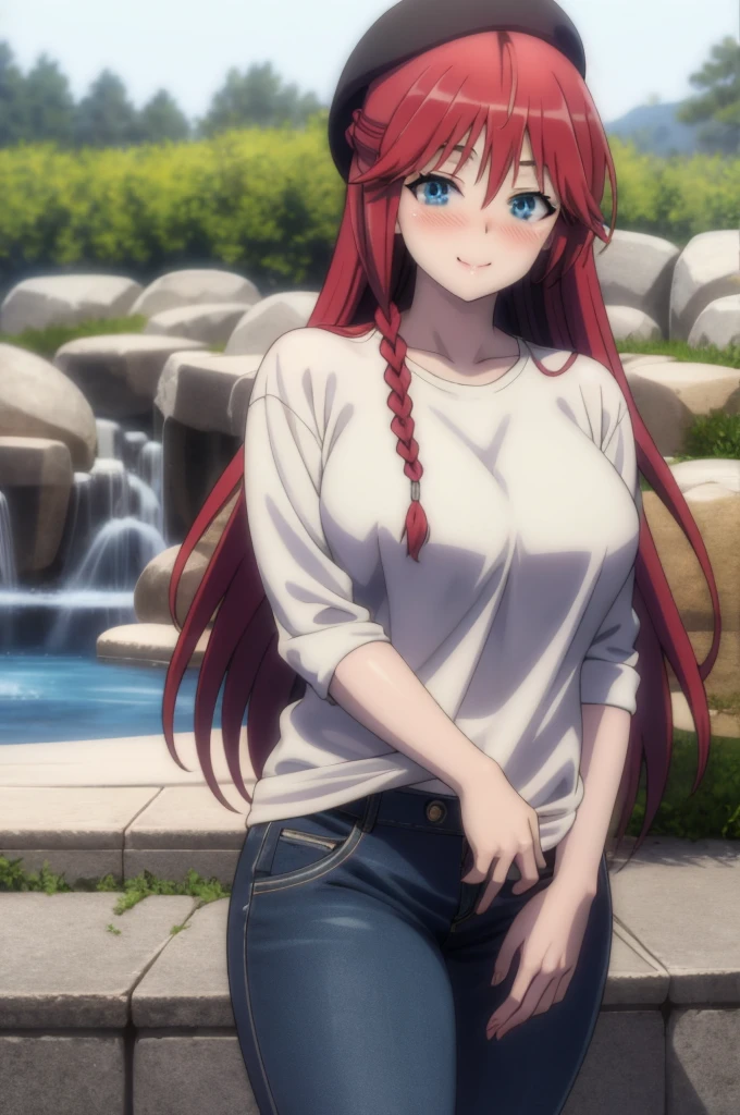 masterpiece, (best quality), 1woman,1girl ,lilith_asami,    long hair, red hair,   blue eyes , braid, side braid, white sweater, shirt, pants,      large breasts,,sexy woman,  adult, smile, blush, vibrant colors ,,natural lighting  ,RTX,  beautiful, (detailed face:1.2), showcase, (perfect eyes:1.1) ,(photorealistic:1.1), 8k uhd,  looking at viewer,   outdoors,  simple backround