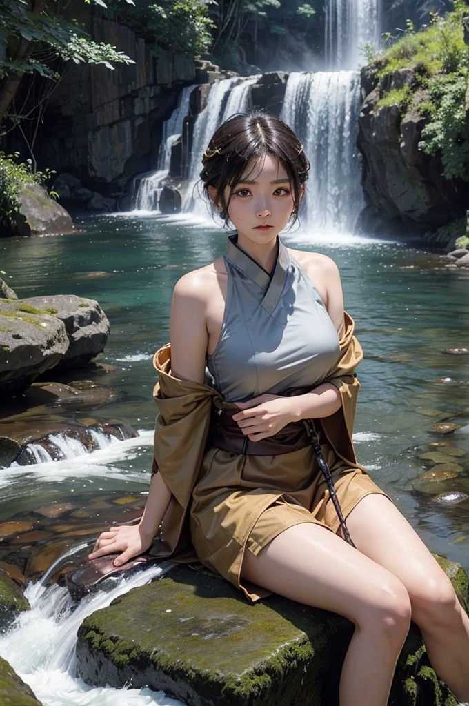 The world of heroic fantasy. Japanese female minstrel around 20 years old。short hair in camel color。Because it&#39;s hot and humid、Wear thin clothes。I&#39;m sweating too。I&#39;m sitting on a rock near the waterfall&#39;s spray.。A huge gray fox snuggles up。(Expressed in live-action style)