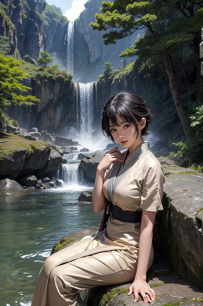 The world of heroic fantasy. Japanese female minstrel around 20 years old。short hair in camel color。Because it&#39;s hot and humid、Wear thin clothes。I&#39;m sweating too。I&#39;m sitting on a rock near the waterfall&#39;s spray.。A huge gray fox snuggles up。(Expressed in live-action style)