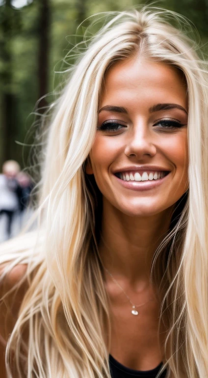 A 23 year old blonde woman, ((big )), ((Hyperrealismus)) ,. Blondes Haar mit hellbraunem Ansatz. blondes Haar, Haare mit braunen Wurzeln, extra langes Haar, sehr langes Haar, wirklich lange Haare, Nice, Vorderansicht, hole body, geht shoppen, Happy, happy, smiles, (with a very good quality), stillvoll angezogen, um sie herum laufen menschen