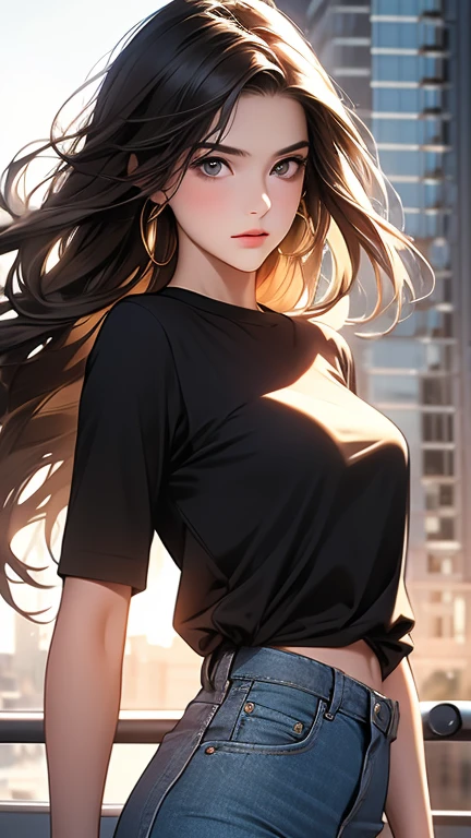 masterpiece, best quality, ultra-detailed),(1 young girl), 15 years old, dark gold eyes, long brown hair with a few strands on both sides of her face, white skinned, dynamic angle, dynamic pose, standing, natural lighting, floating, (colored top:1.2|black top), (tight skirt:1.2|jean pants:0.9), (natural background:0.8| cityscape), (serious expression), (light in the hair)