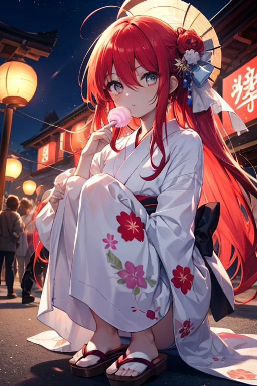 1 girl, Shana, Ahoge,long hair,red hair,red eyes,A long-haired red-haired girl in a white floral long yukata enjoying cotton candy at a festival,Zori sandals,japanese festival,Summer Festival Stalls、Red lantern,dark,On a summer night,night view(firework),(masterpiece:1.2), highest quality, High resolution, unity 8k wallpaper, (figure:0.8), (beautiful and fine eyes:1.6), highly detailed face, highly detailed body,Highly detailed arms,highly detailed hands,highly detailed fingers,Highly detailed feet,perfect lighting, Very detailed CG, (perfect hands, perfect anatomy),