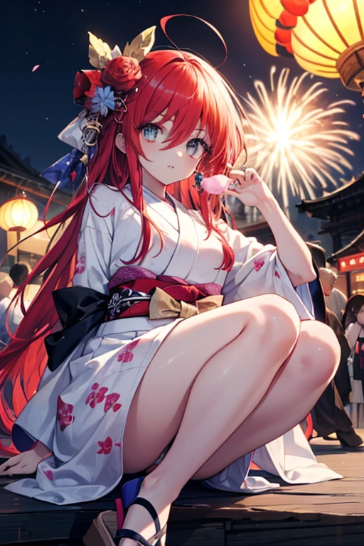 1 girl, Shana, Ahoge,long hair,red hair,red eyes,A long-haired red-haired girl in a white floral long yukata enjoying cotton candy at a festival,Zori sandals,japanese festival,Summer Festival Stalls、Red lantern,dark,On a summer night,night view(firework),(masterpiece:1.2), highest quality, High resolution, unity 8k wallpaper, (figure:0.8), (beautiful and fine eyes:1.6), highly detailed face, highly detailed body,Highly detailed arms,highly detailed hands,highly detailed fingers,Highly detailed feet,perfect lighting, Very detailed CG, (perfect hands, perfect anatomy),