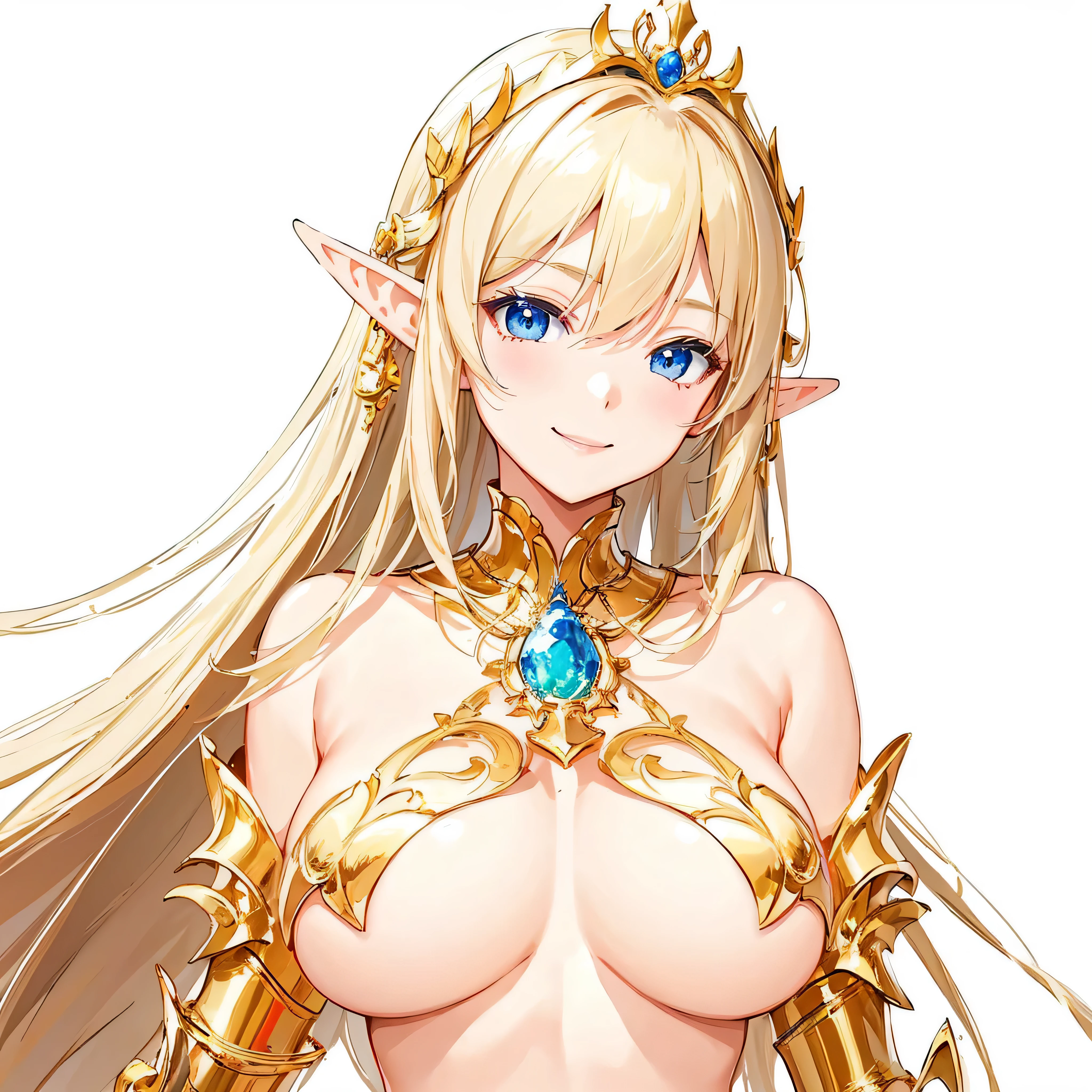 masterpiece、highest quality、very detailed、High resolution、16k、Slim contours、I can see the nipples、breast proportions、elfの女の子、golden armor shines、Transparent white skirt、black pants、very white skin、beautiful fingers、Anime girl with very big breasts posing naked、perfect style、elf、No bra、blonde blue eyes、cool smile