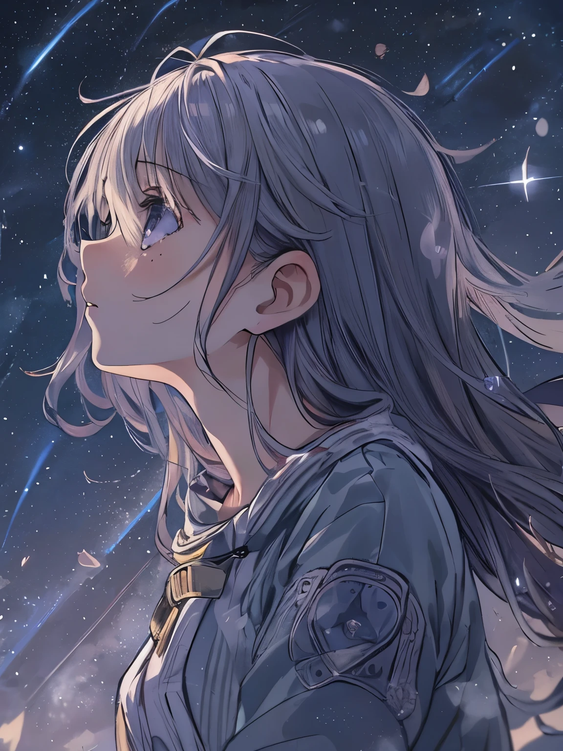 confused, High resolution, (An illustration: 1.3)、 ((pieces fly)), anime、((highest quality)), (Super detailed), (beautiful), ((A girl looking up towards the detailed stars in the night sky:1.6)), alone,(12 years old:1.6)、cute face、Full body Esbian、white and clear skin、beautiful detailed purple eyes、(Long hair shining silver in the darkness:1.3)、shy、Low - Angle、(Full body Esbian)、Low - Angle、Cute one-piece figure、detailed meteor shower