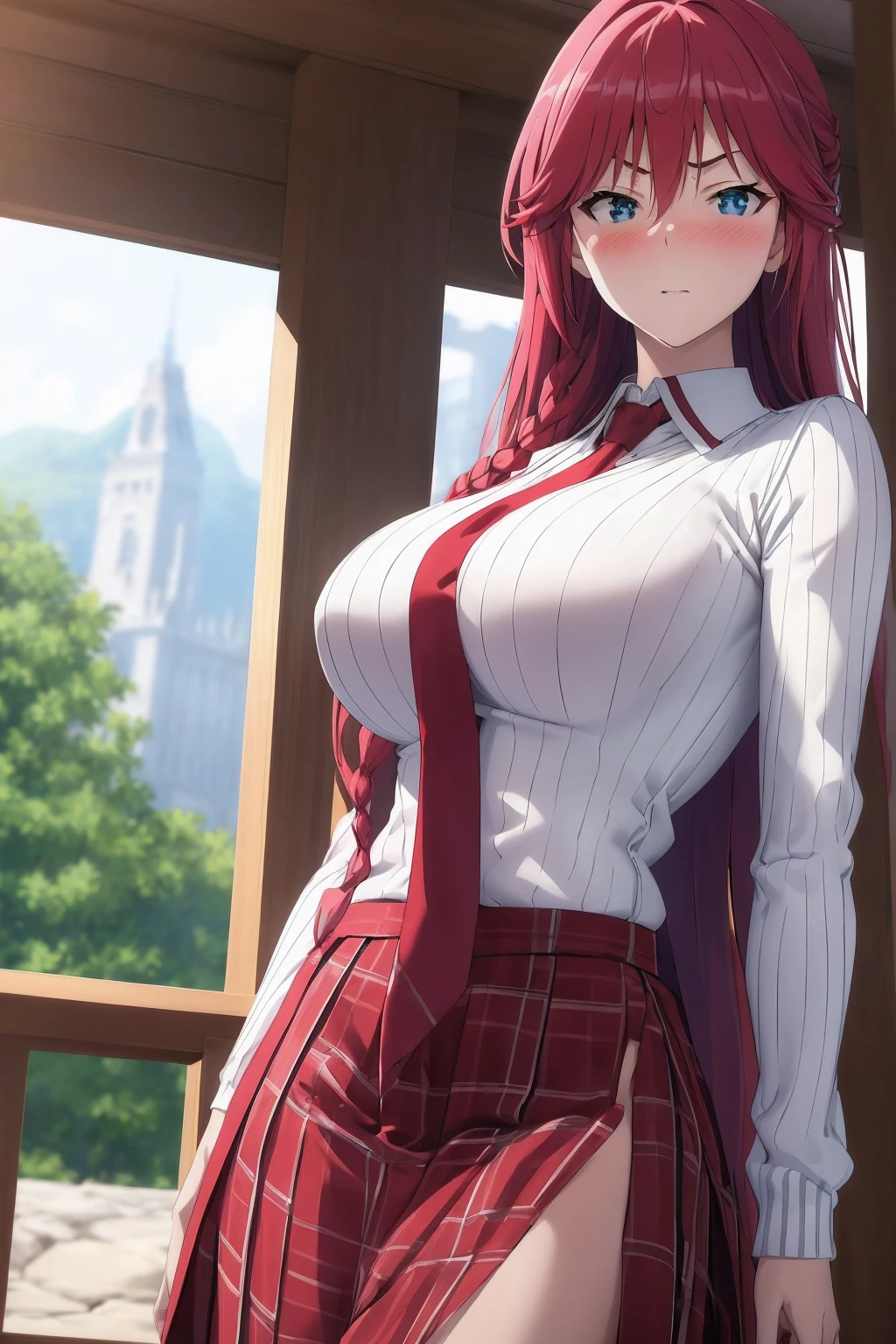 masterpiece, (best quality), 1woman,1girl ,lilith_asami, long hair, red hair, blue eyes , braid, side braid, long skirt, necktie, ribbed sweater, side slit, skirt, sweater, teacher, white sweater, large breasts,,sexy woman, adult, blush,angry, pov ,vibrant colors ,,natural lighting ,RTX, beautiful, (detailed face:1.2), showcase, (perfect eyes:1.1) ,(photorealistic:1.1), 8k uhd, looking at viewer, outdoors, simple backround,(beautiful_face:1.5),(perfect hands, perfect anatomy),